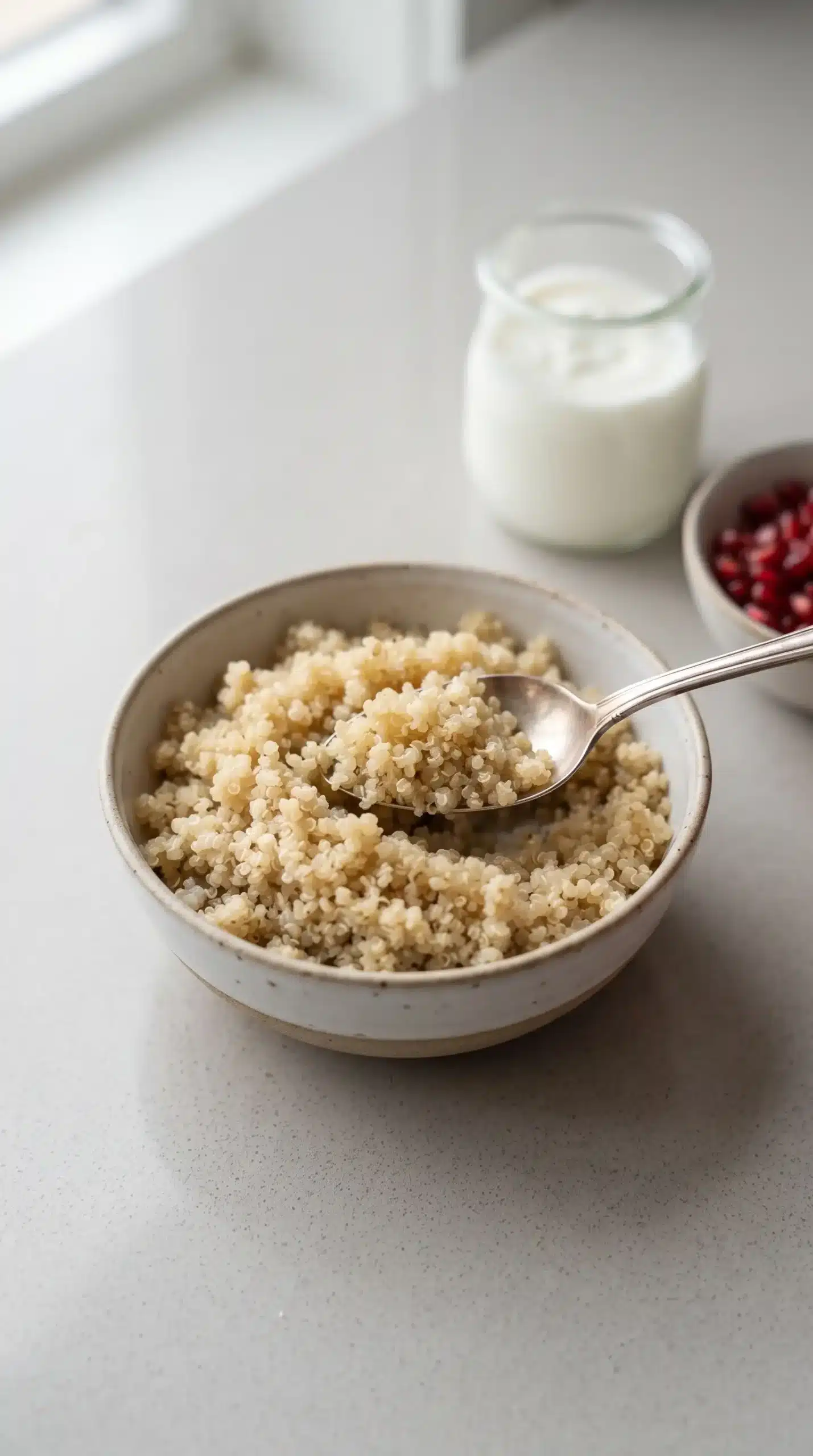 Cooked quinoa in a bowl showing tender grains for a yogurt parfait base