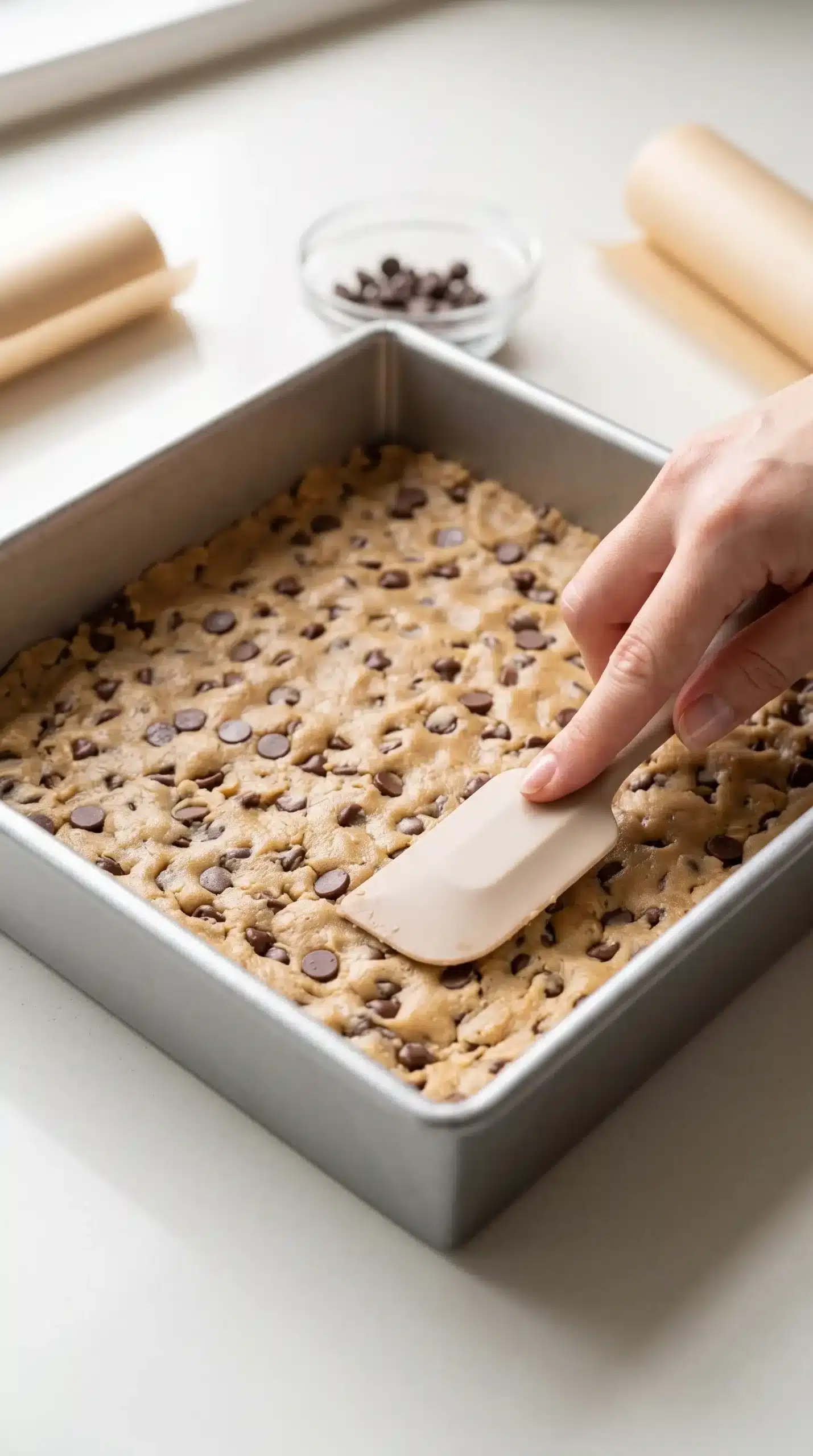Chocolate chip cookie dough pressed evenly in a square baking pan for caramel corn bars