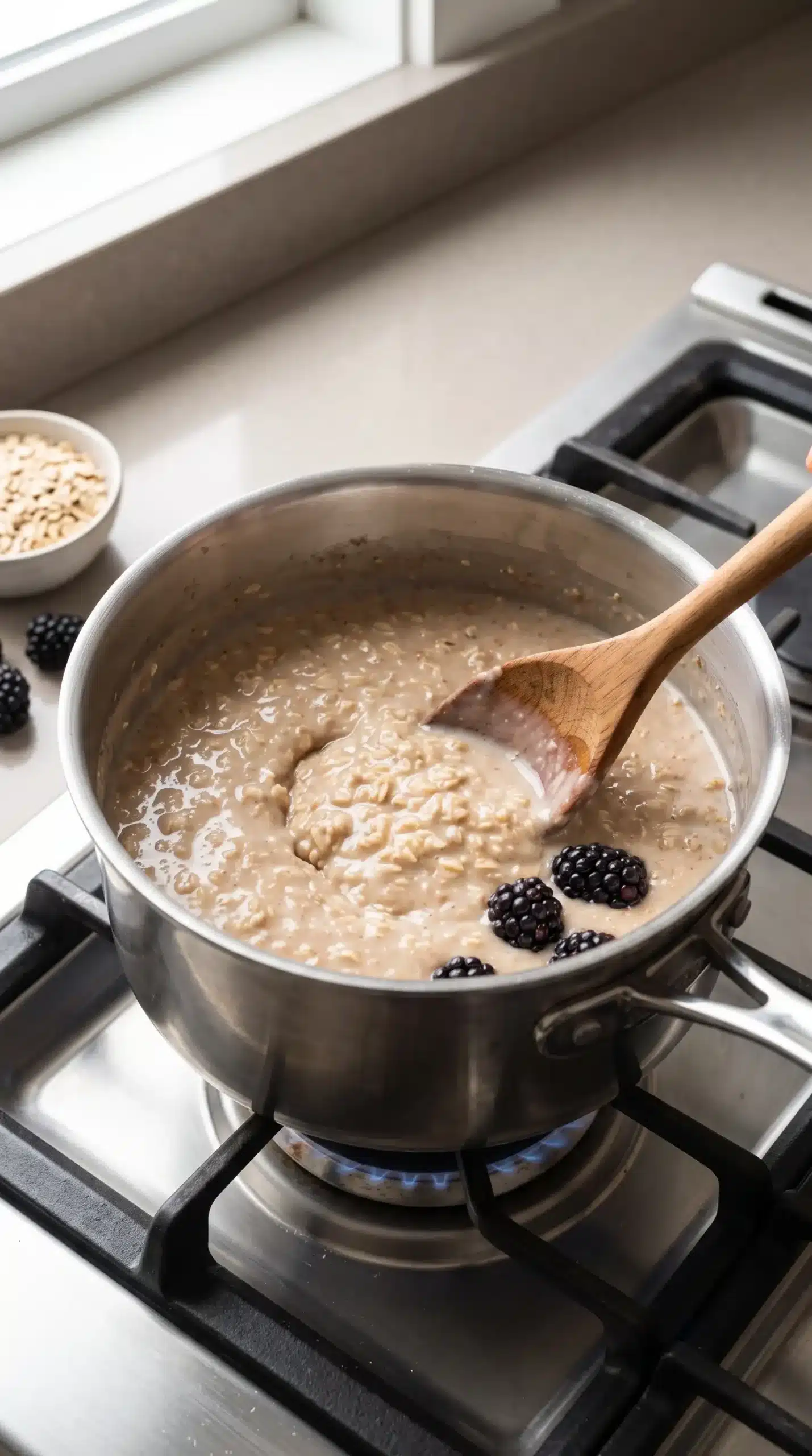 Saucepan with thickening oats and bran cereal being stirred during oatmeal preparation