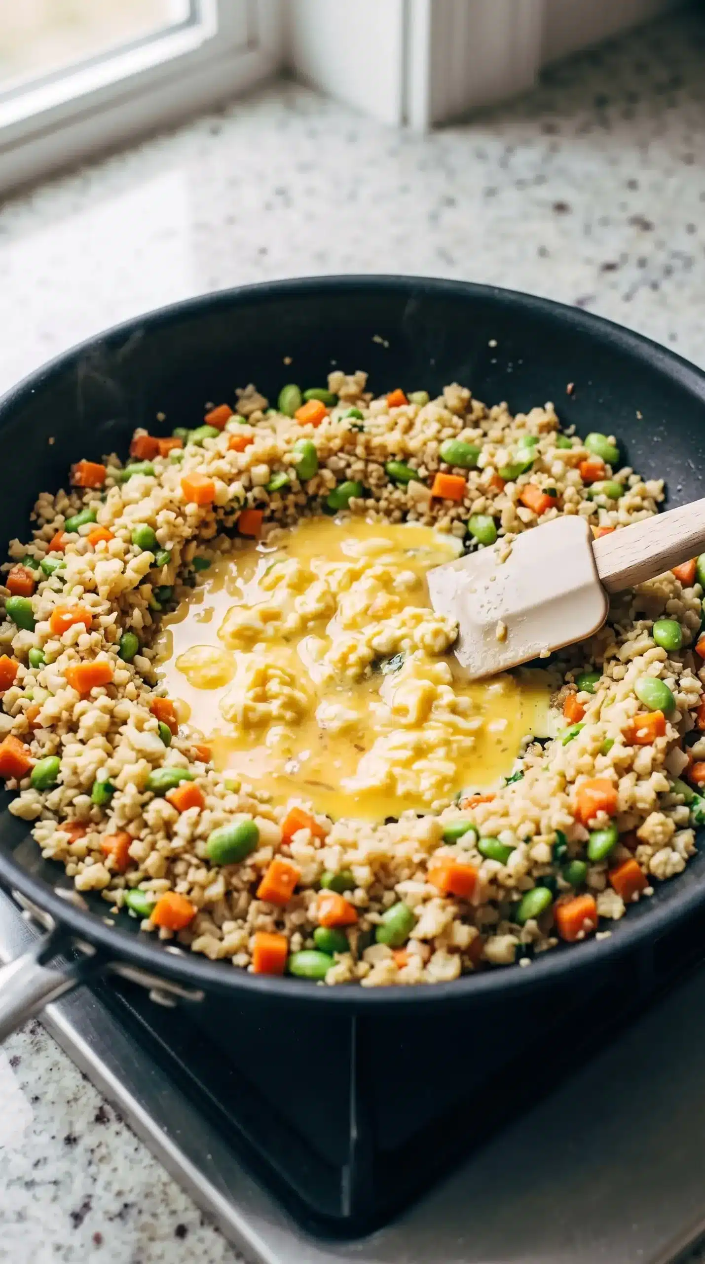 Skillet of cauliflower fried rice with vegetables and eggs cooking together