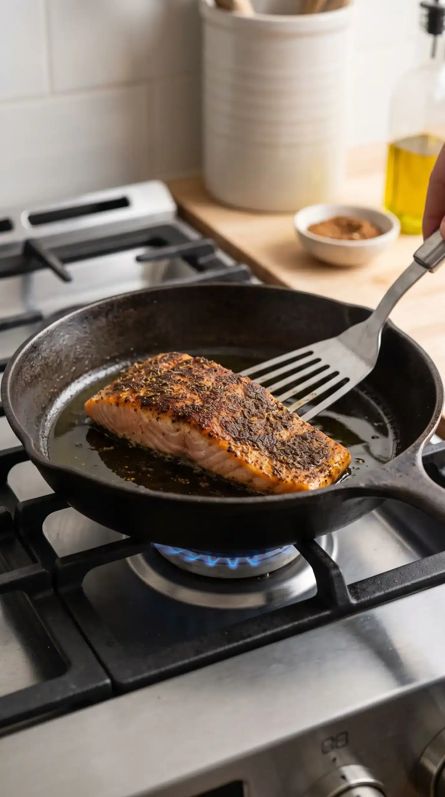 Seasoned salmon filet cooking in a skillet with jerk spice crust