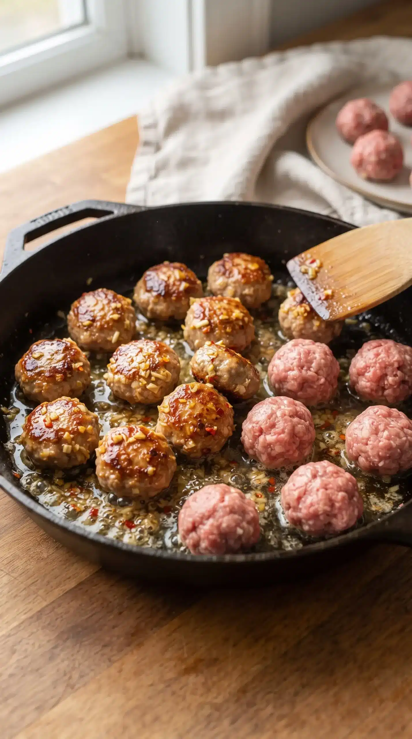 Lemongrass pork meatballs browning in a skillet during cooking