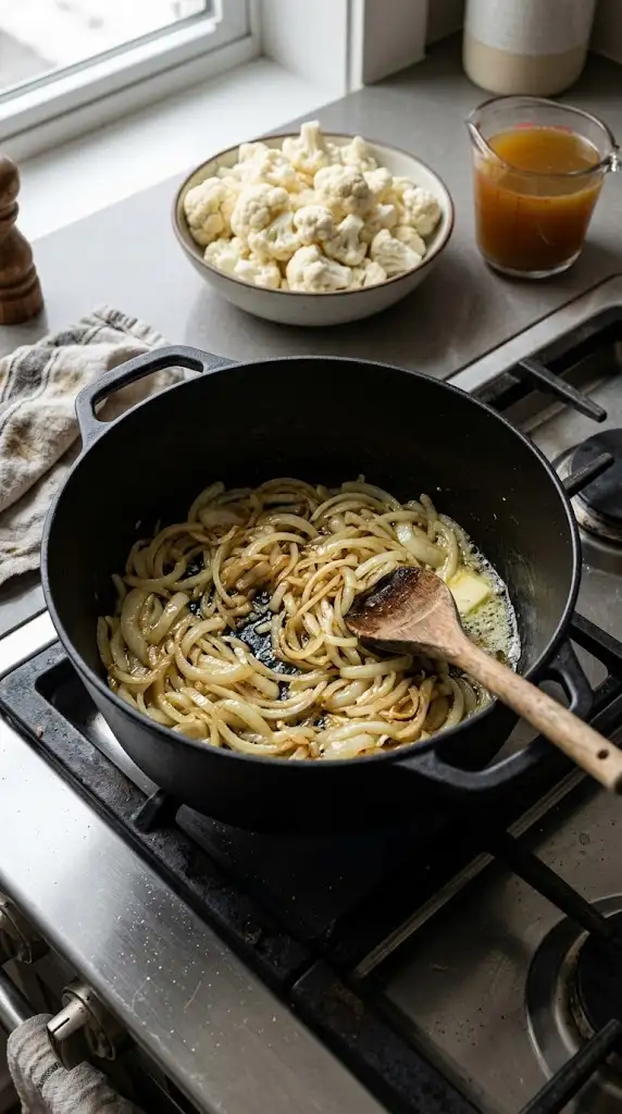 Onions cooking in butter as the base for a cauliflower soup recipe