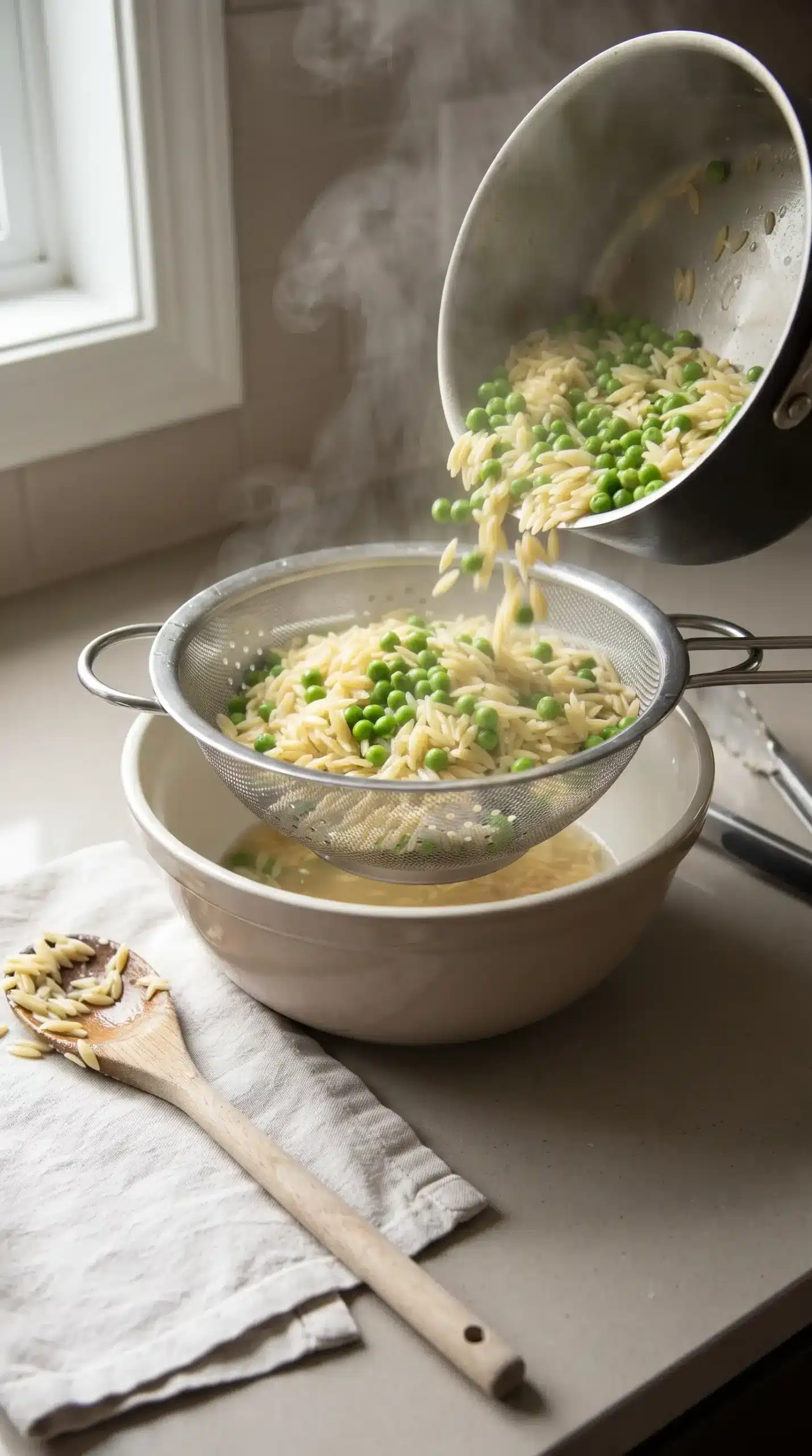 Cooked orzo pasta with green peas being drained during pasta salad preparation
