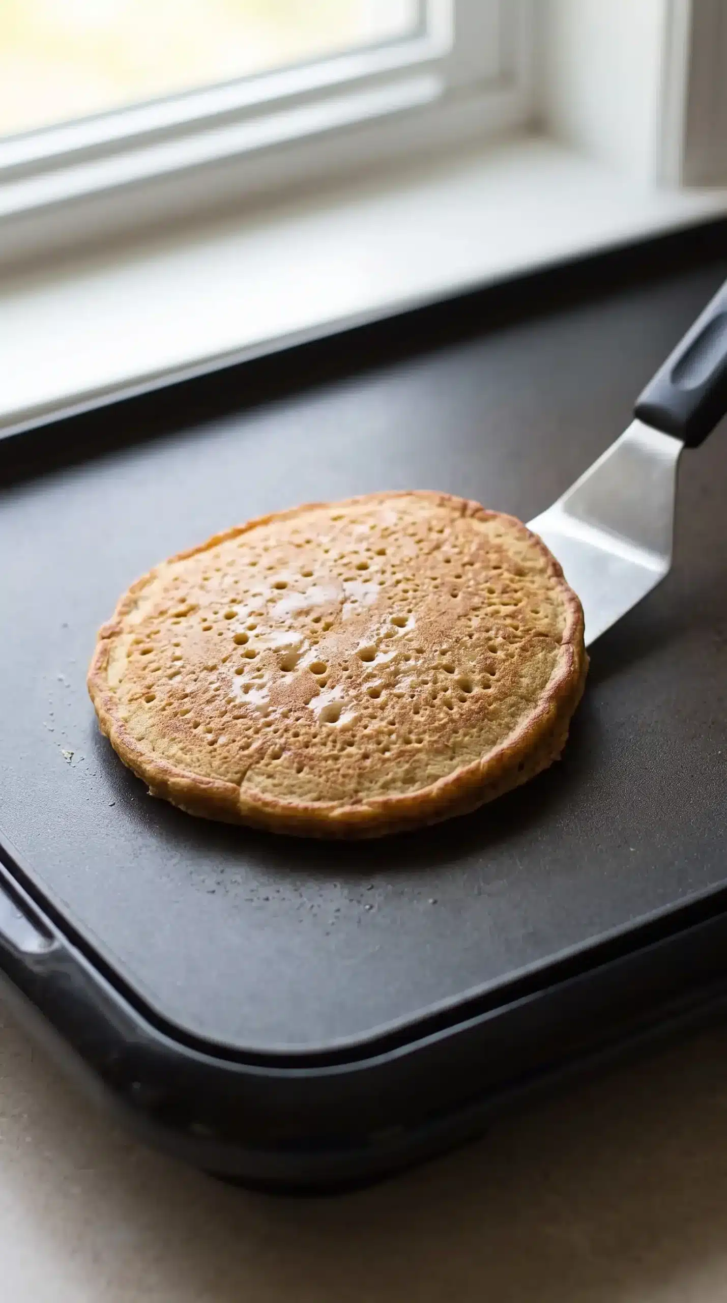 Whole wheat pumpkin pancake cooking on a griddle with bubbles and edges setting