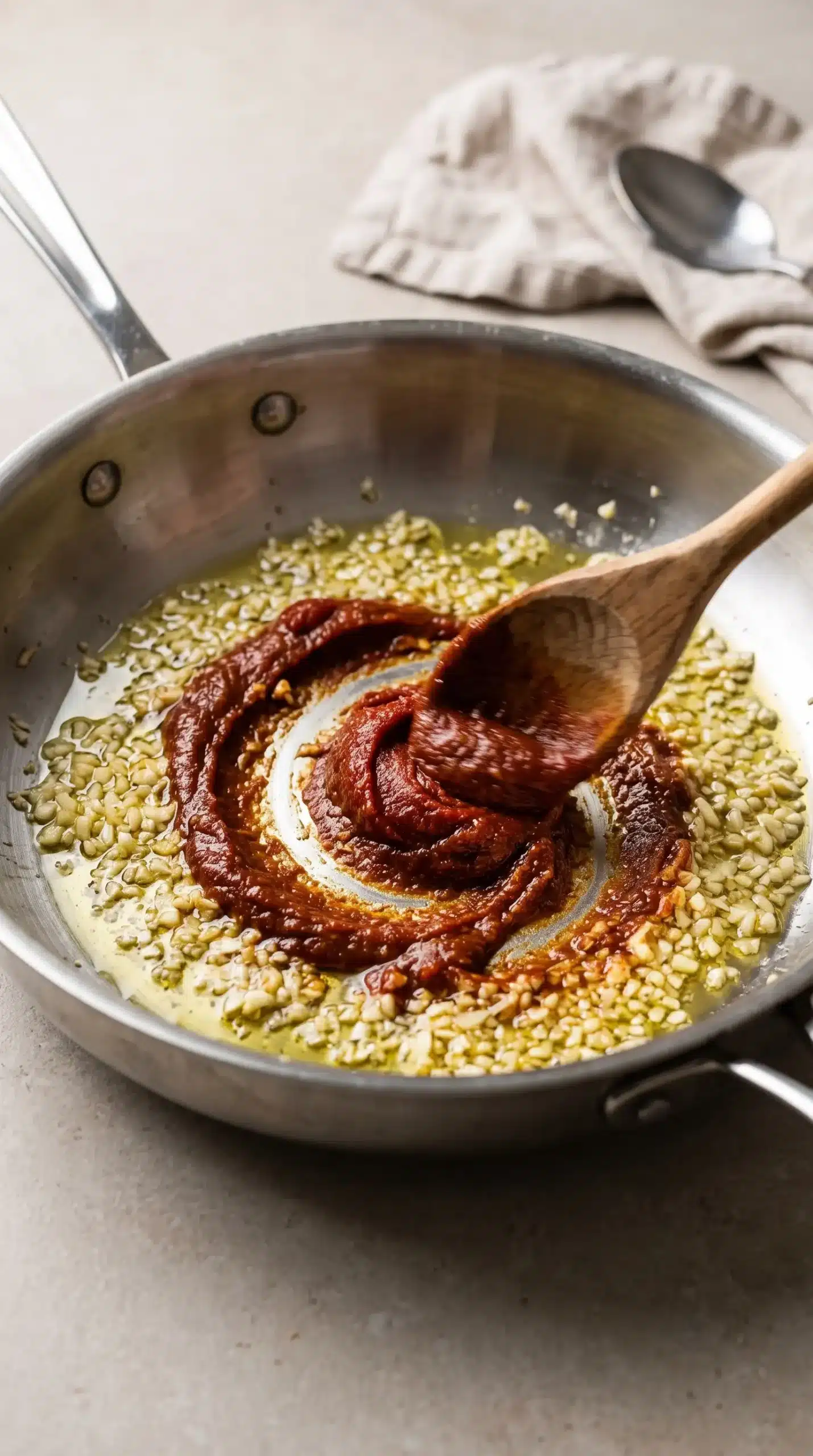 Garlic and tomato paste cooking together in olive oil for vegan vodka pasta sauce