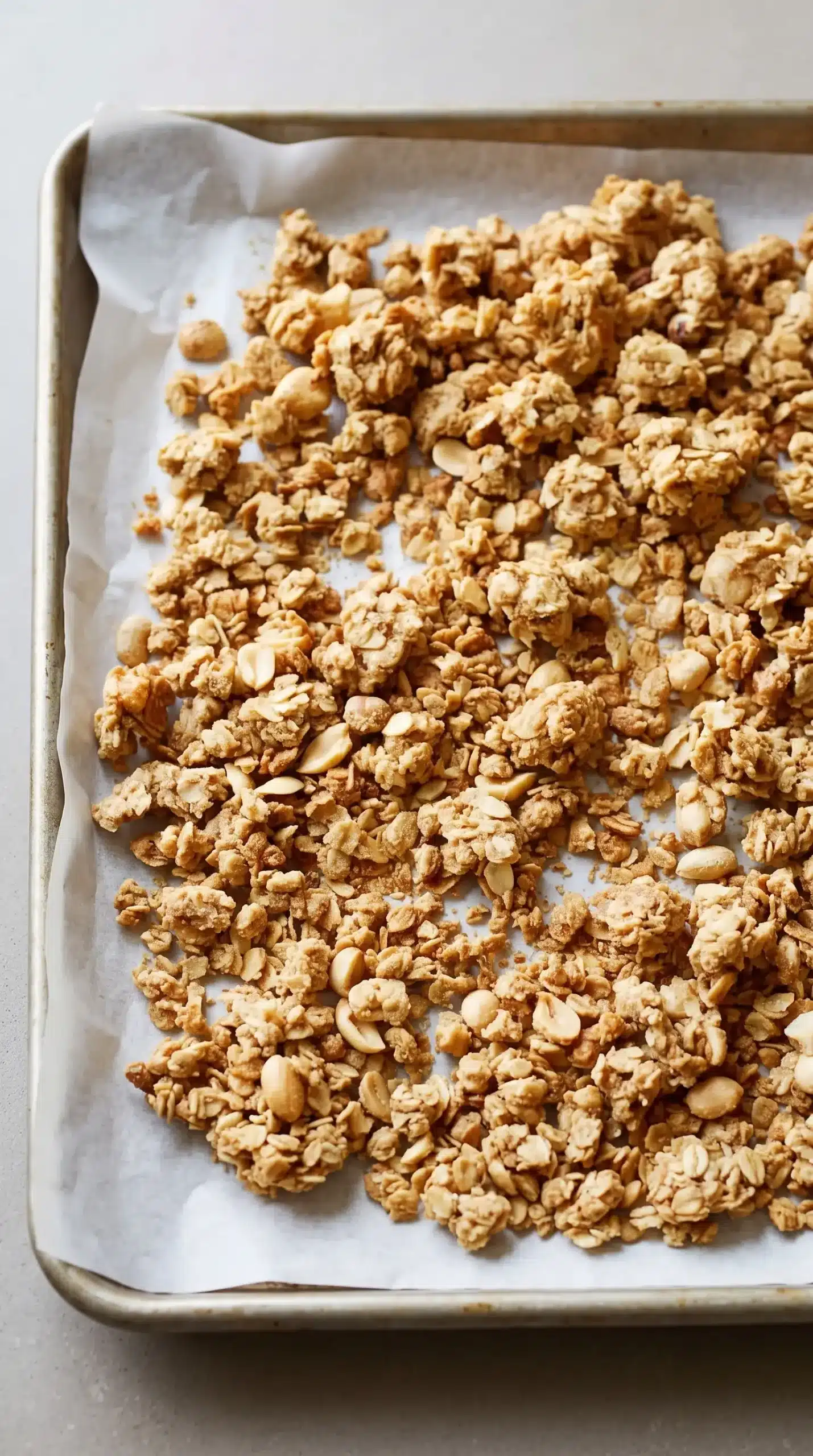 Freshly baked peanut butter granola clusters cooling on a parchment-lined pan