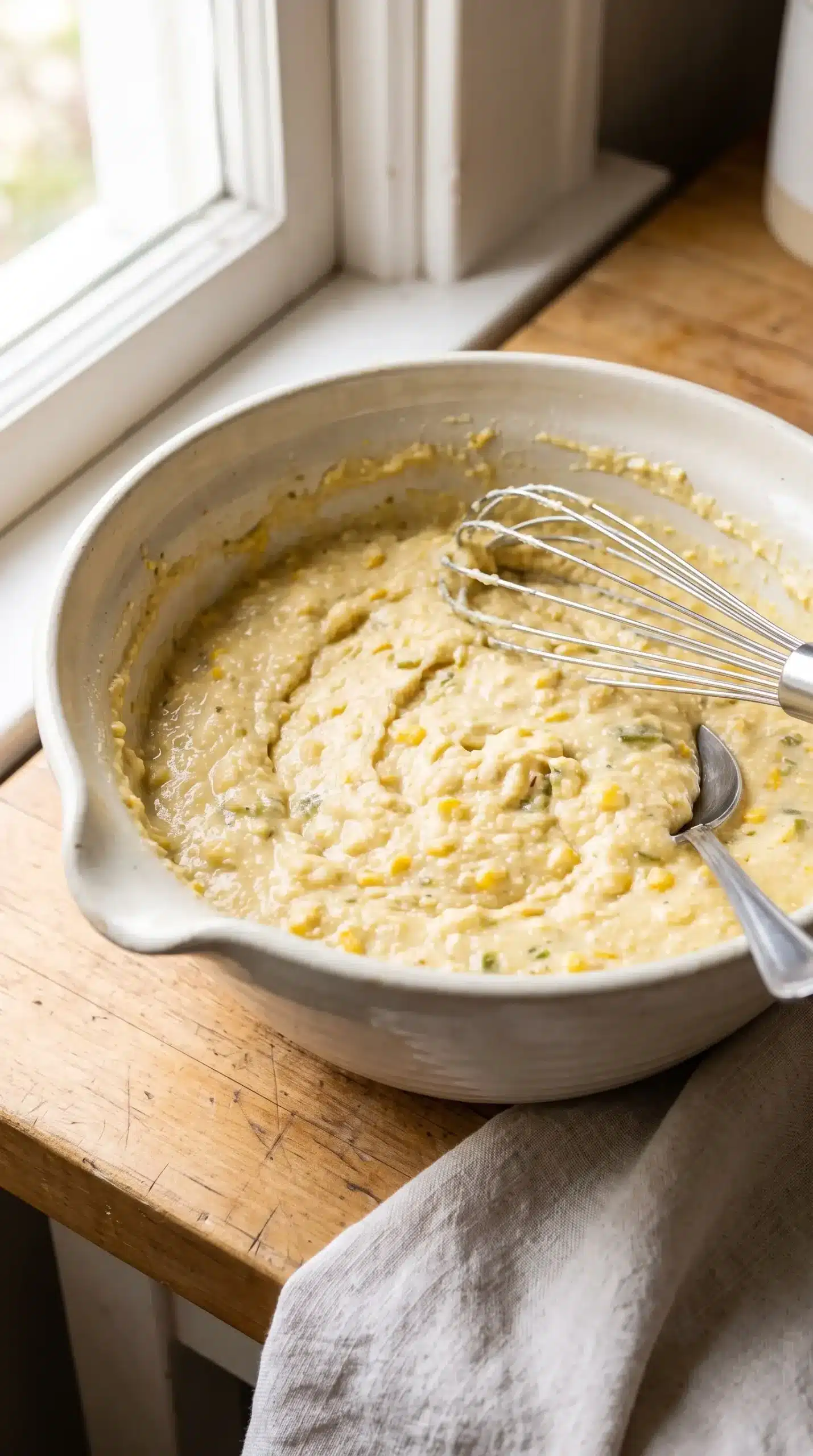Bowl of cornmeal batter for a carnitas tamale pie base before baking