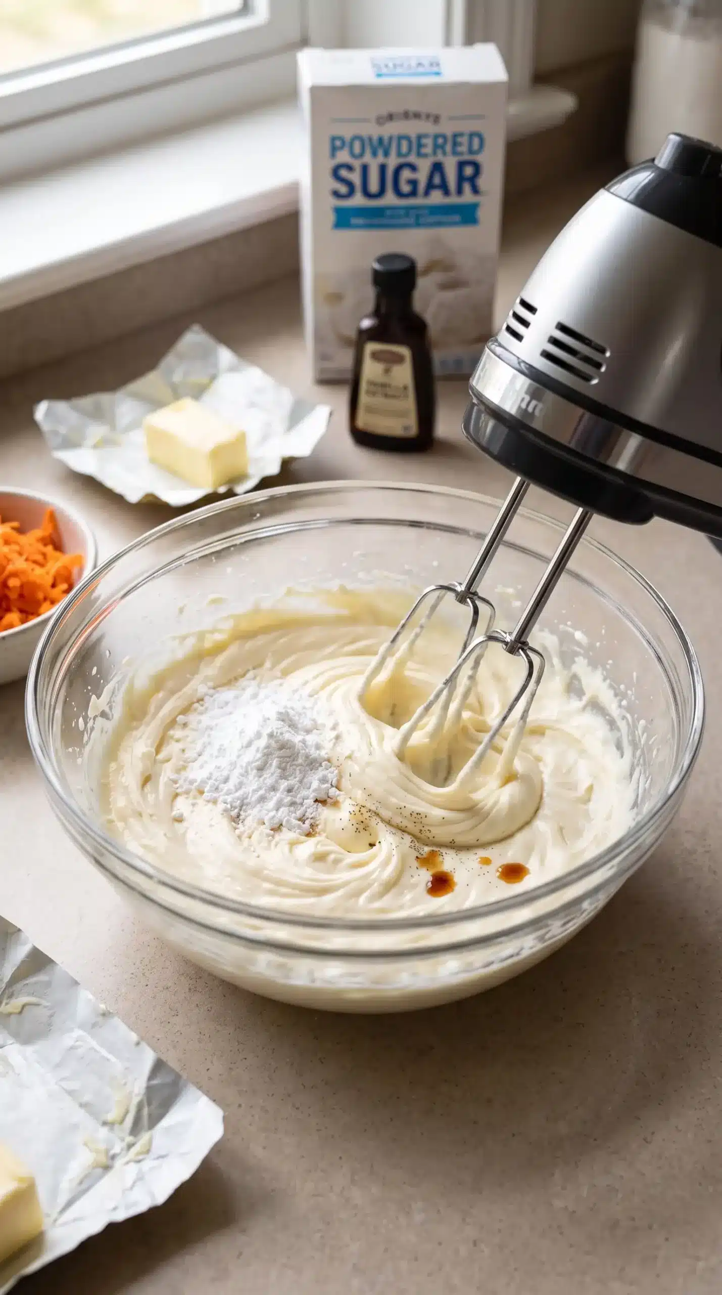 Cream cheese frosting ingredients being mixed in a bowl for carrot cake cupcakes