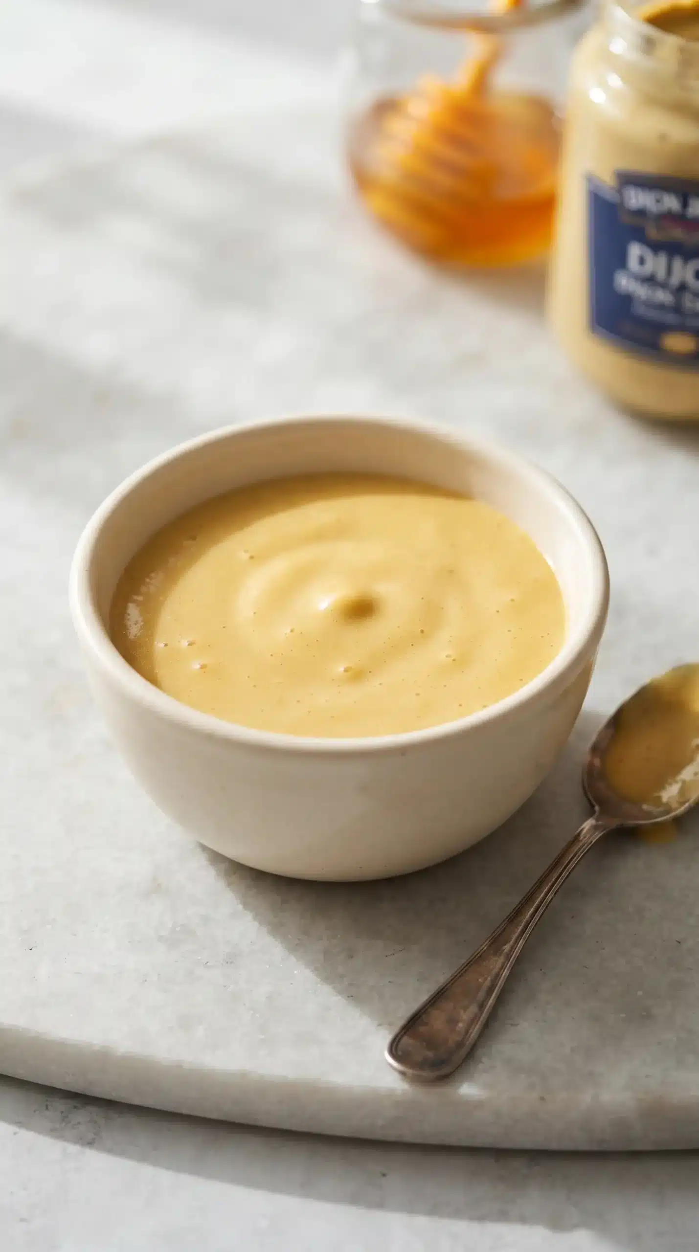 Ceramic bowl of smooth honey mustard sauce with golden color and creamy texture