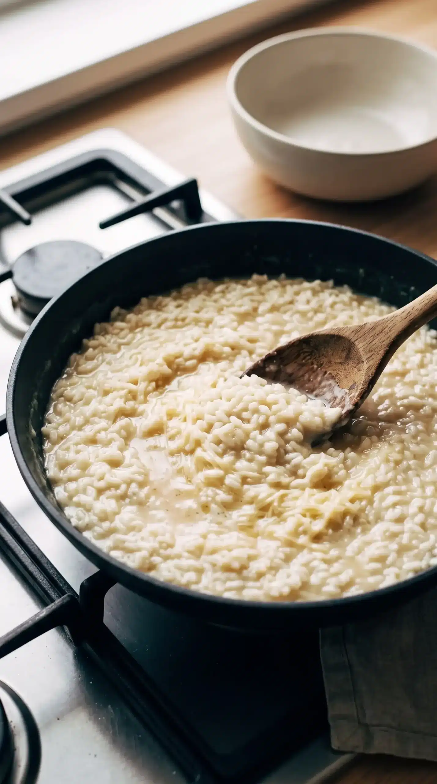 Creamy Parmesan risotto being stirred with Arborio rice and melted cheese