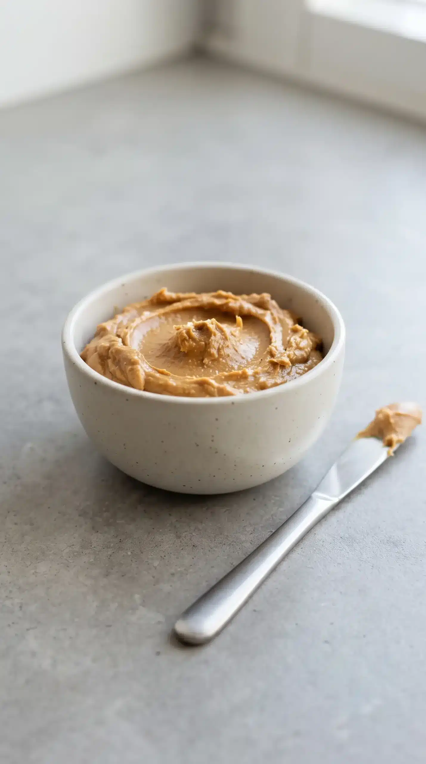 Creamy homemade peanut butter in a bowl with a knife showing its spreadable texture