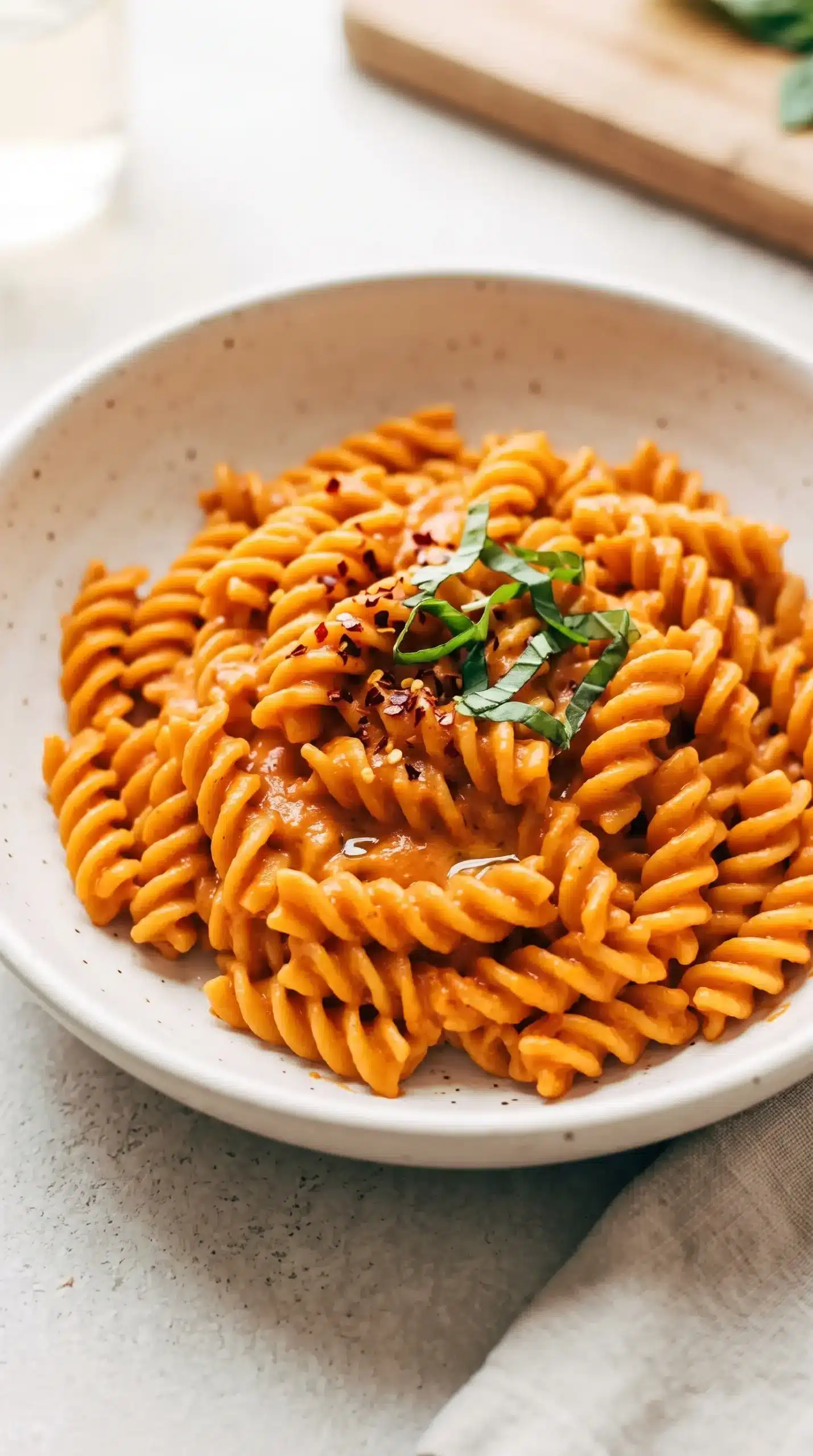 Bowl of rotini vegan vodka pasta coated in creamy tomato coconut milk sauce