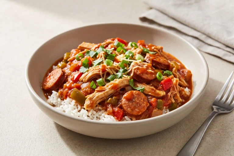 Creole chicken and sausage in tomato sauce with peppers, onions, rice, green onions, cilantro, cheese, and hot sauce