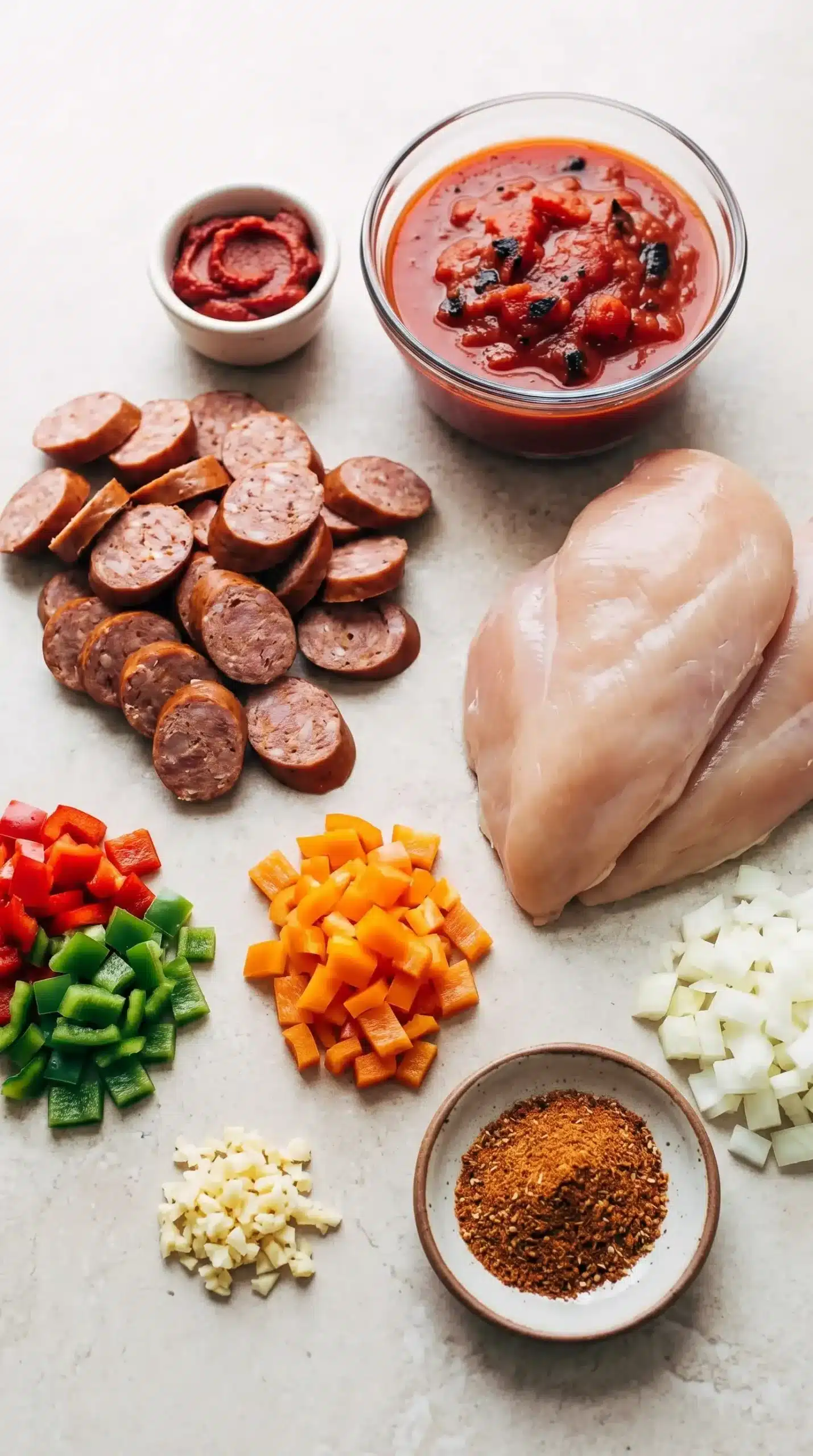 Andouille sausage, chicken, tomatoes, peppers, onion, garlic, tomato paste, and Creole seasoning