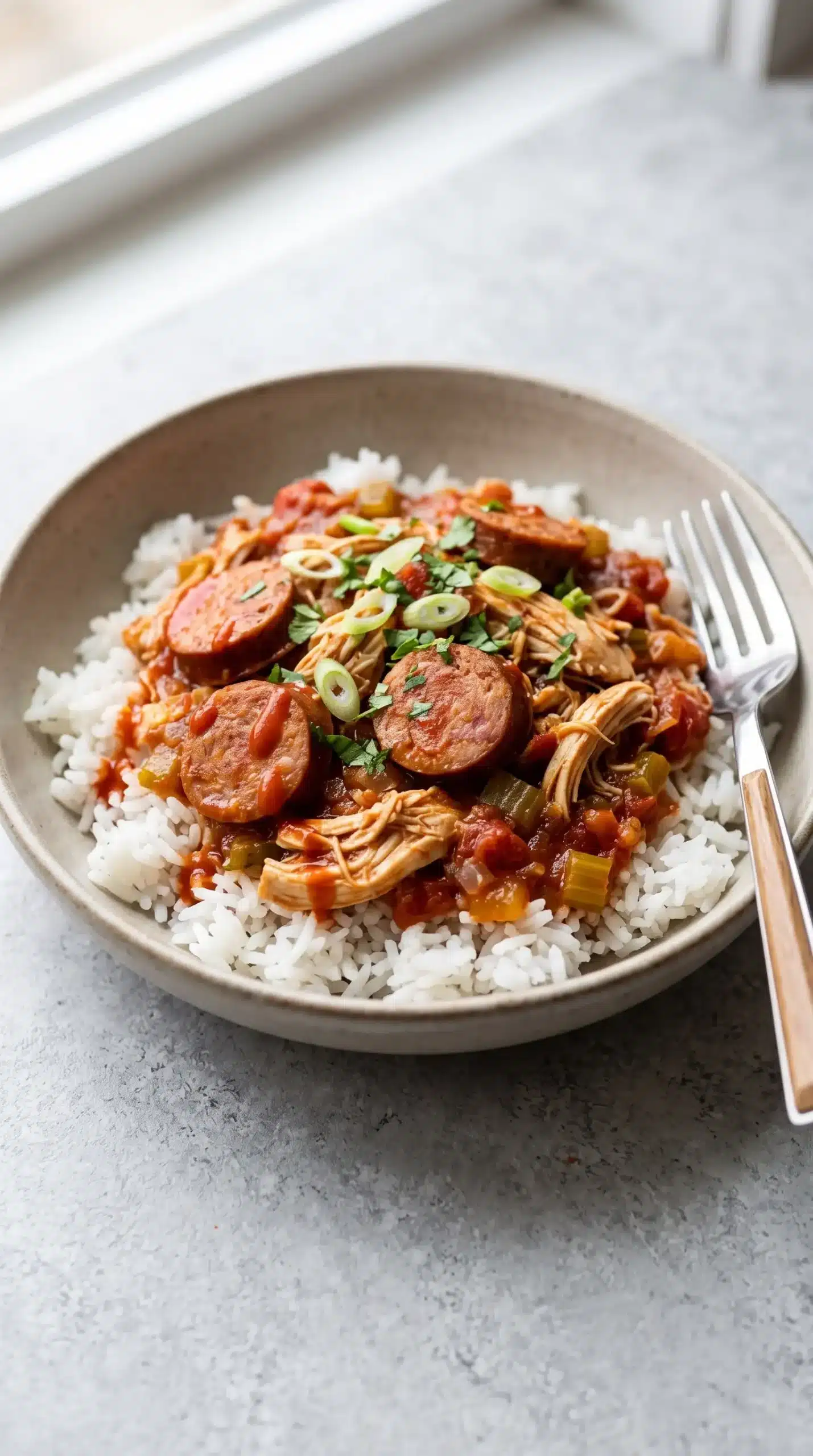Creole chicken and sausage over white rice with tomato sauce, green onions, cilantro, and hot sauce