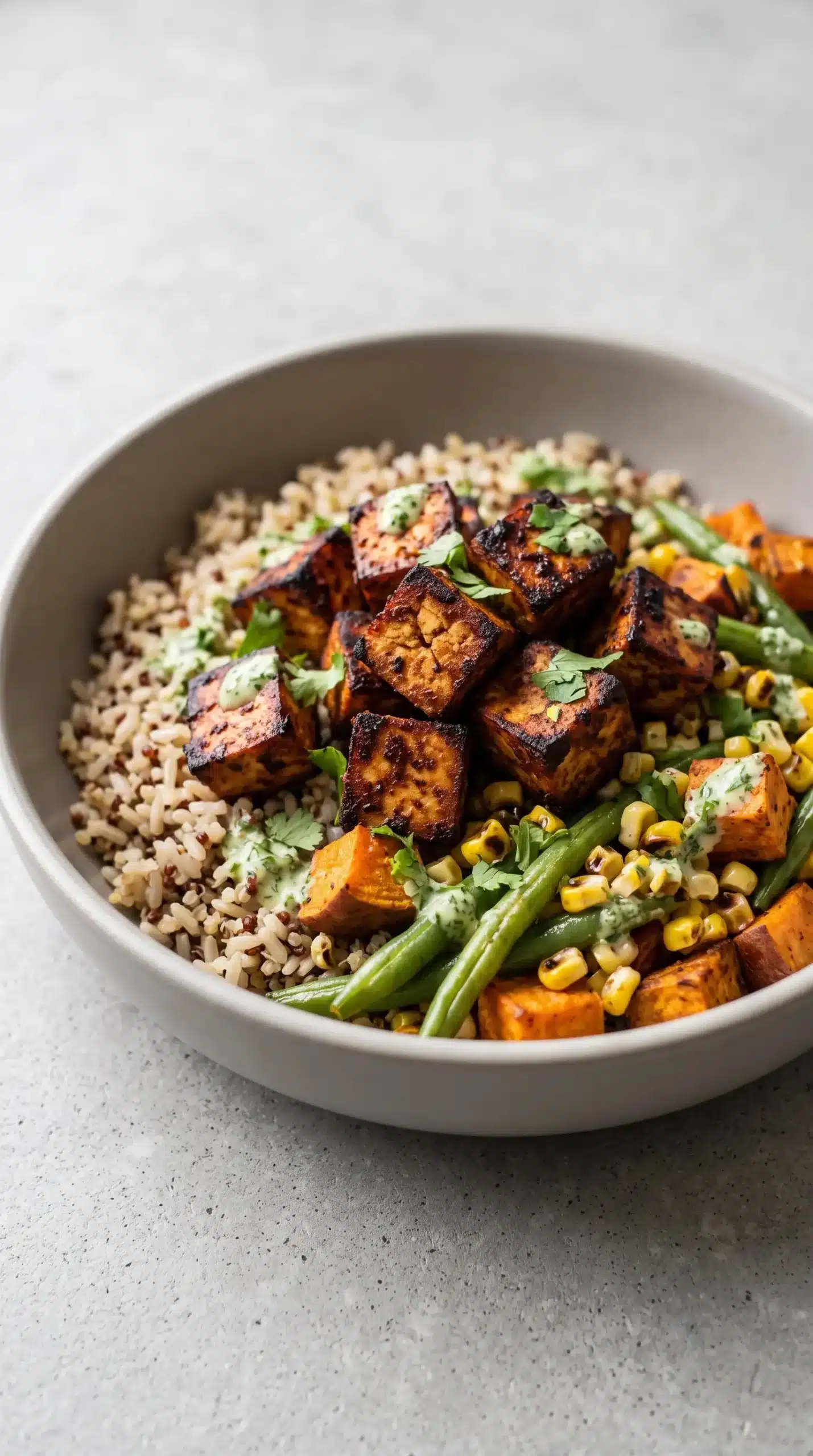 Crisp BBQ tofu cubes served with grains and roasted vegetables in a bowl