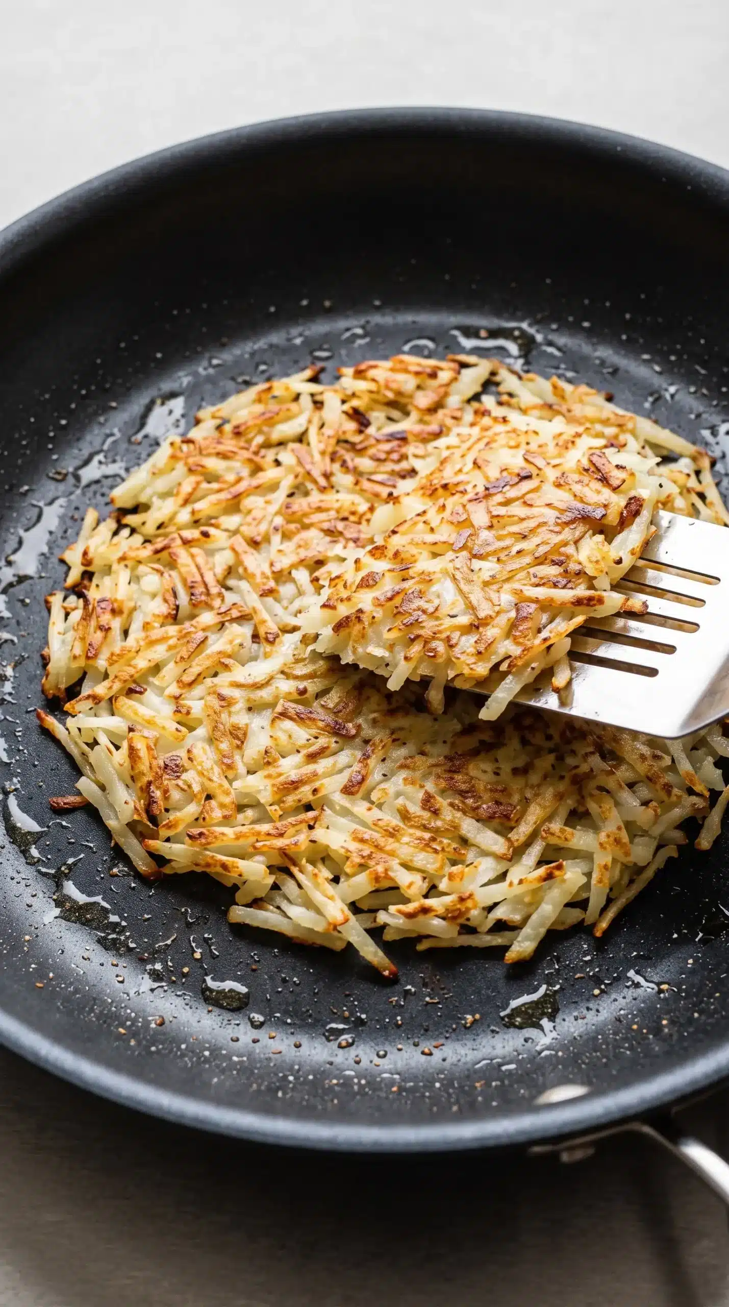 Hashbrown potatoes pressed in a skillet until golden and crisp for a breakfast crunchwrap