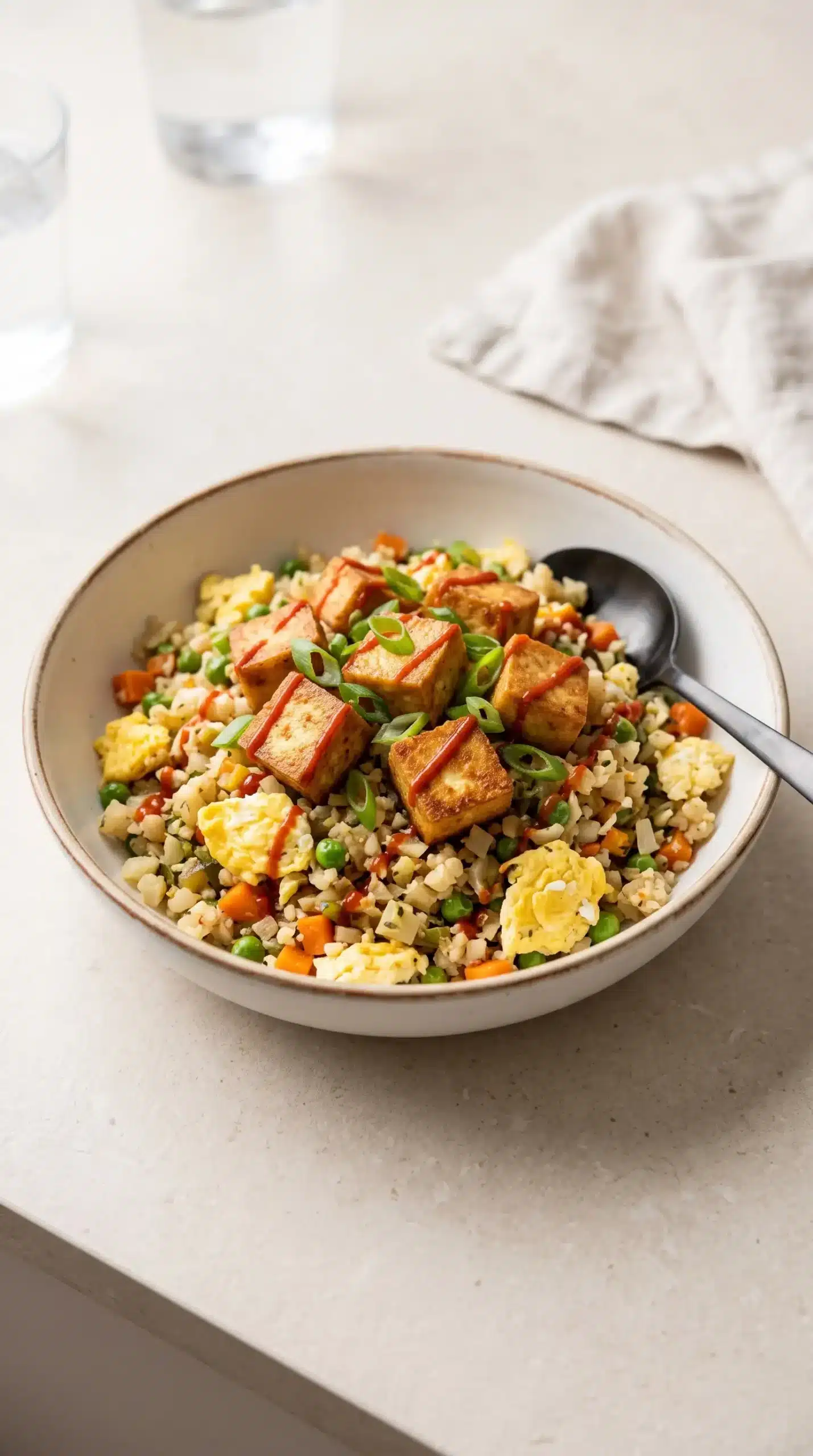 Crispy tofu cauliflower fried rice with eggs, vegetables, and green onions in a bowl
