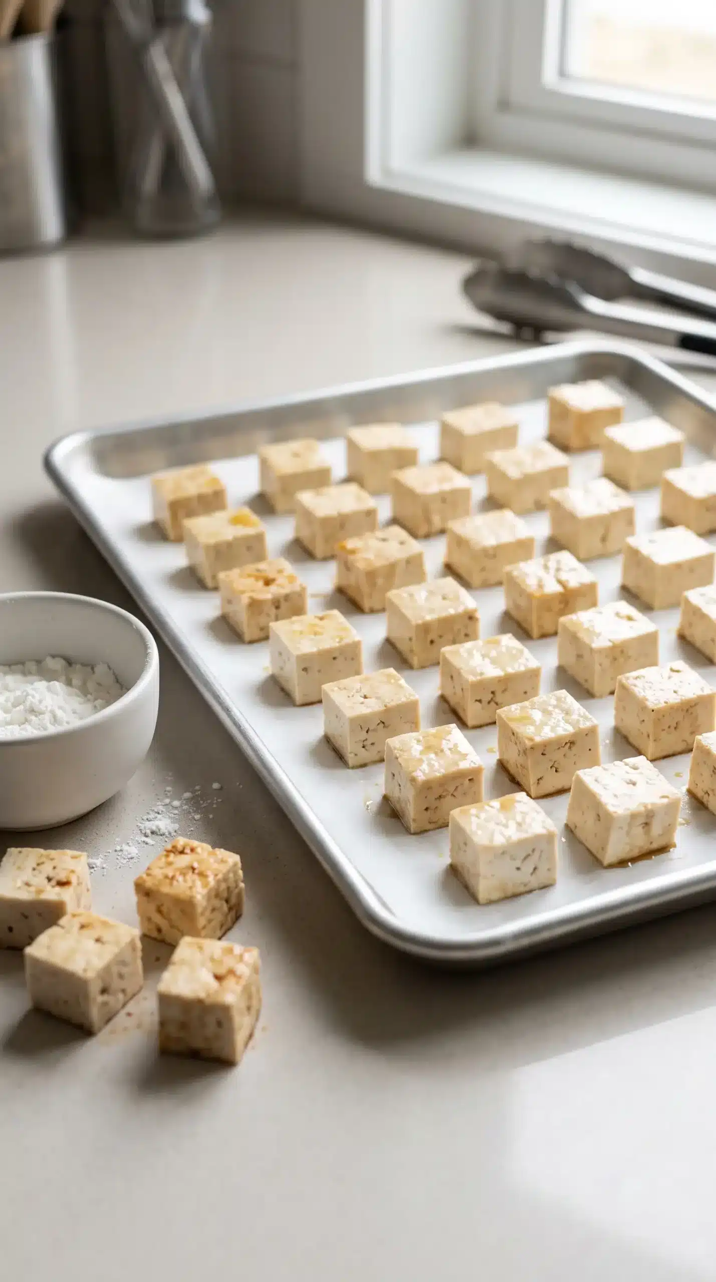Crispy tofu cubes coated with cornstarch on a baking sheet before baking