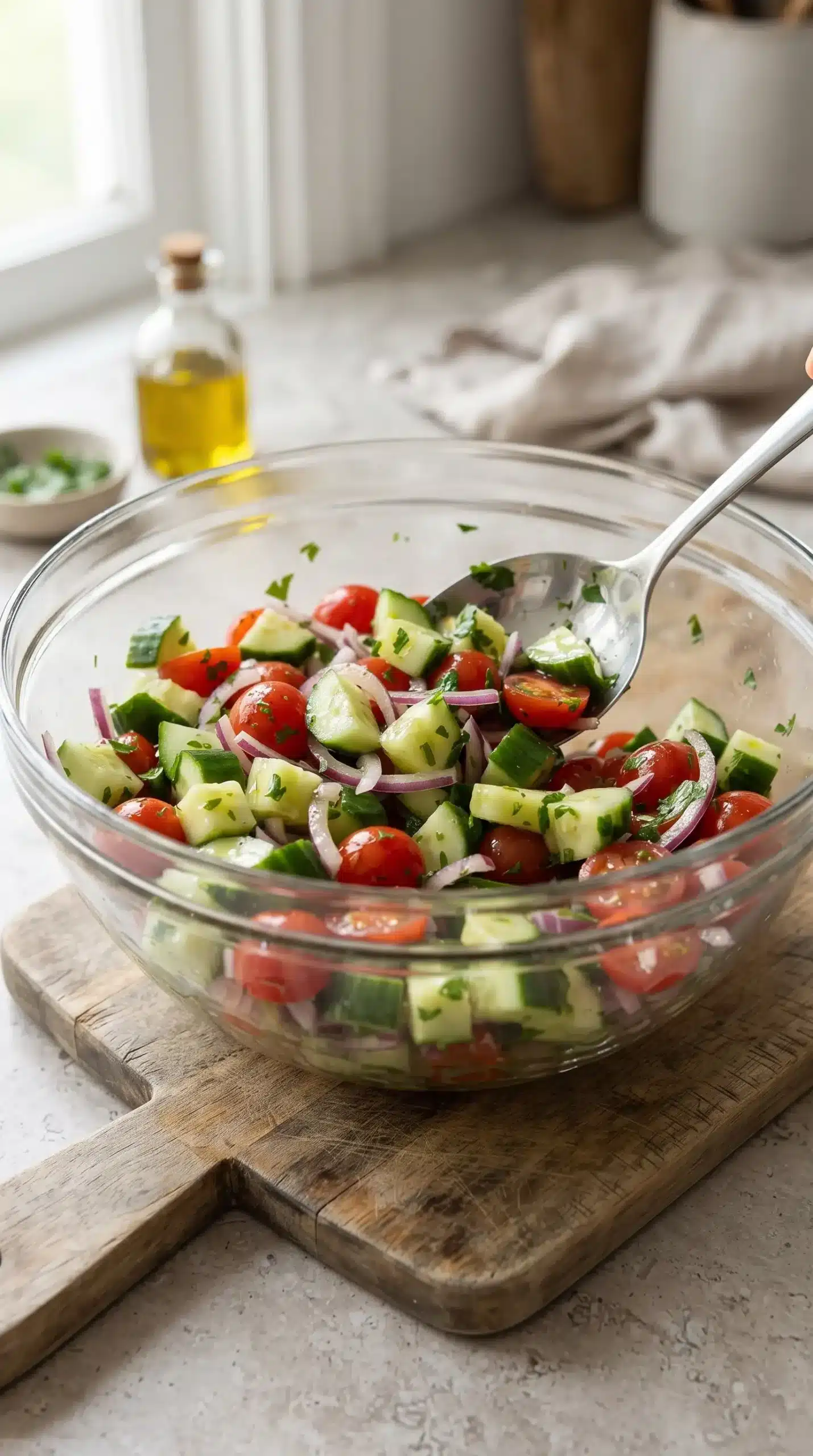 Cucumber tomato salad with red onion and parsley prepared for chicken bowls