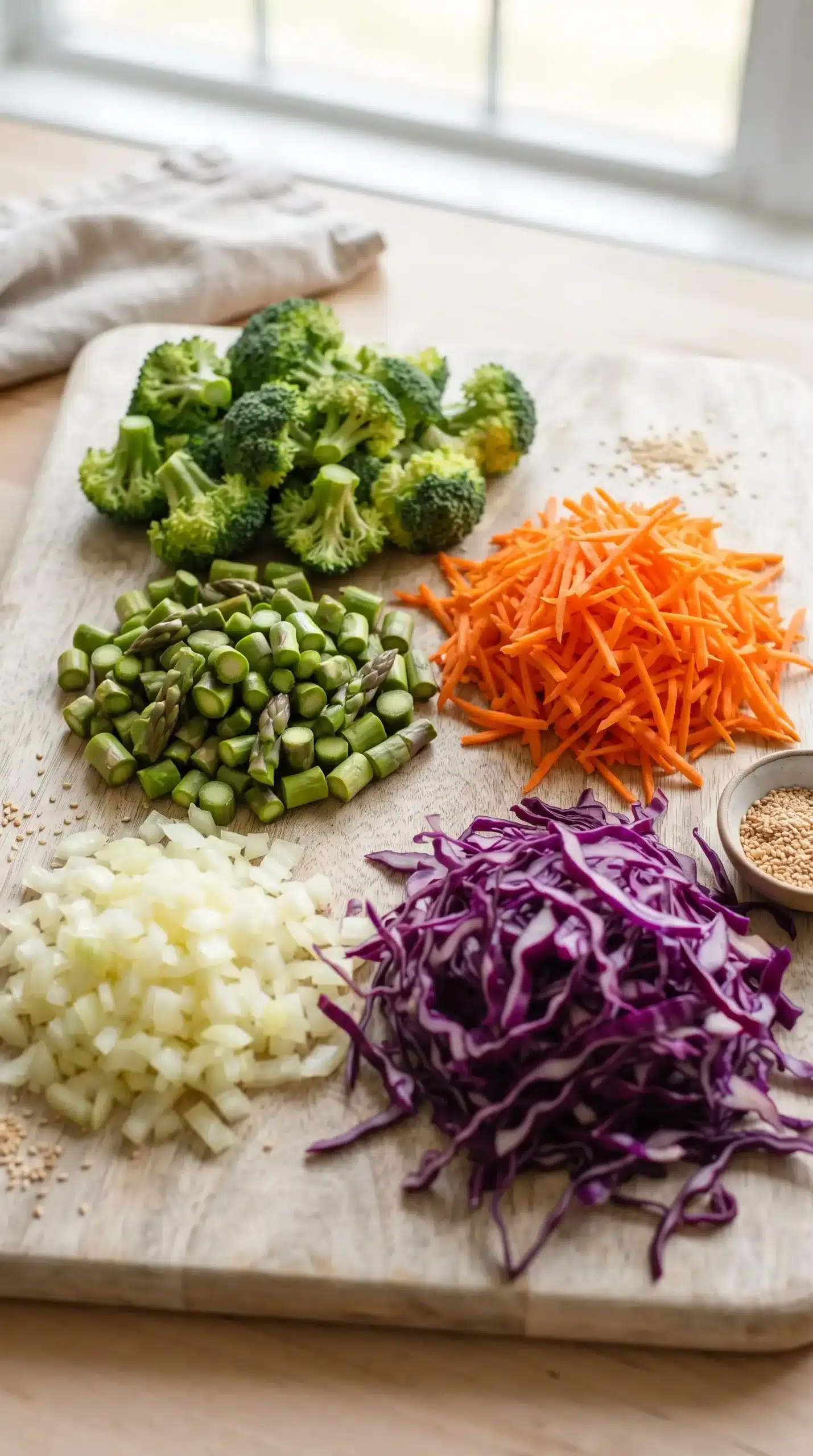 Chopped broccoli, asparagus, carrots, onion, and purple cabbage for noodles