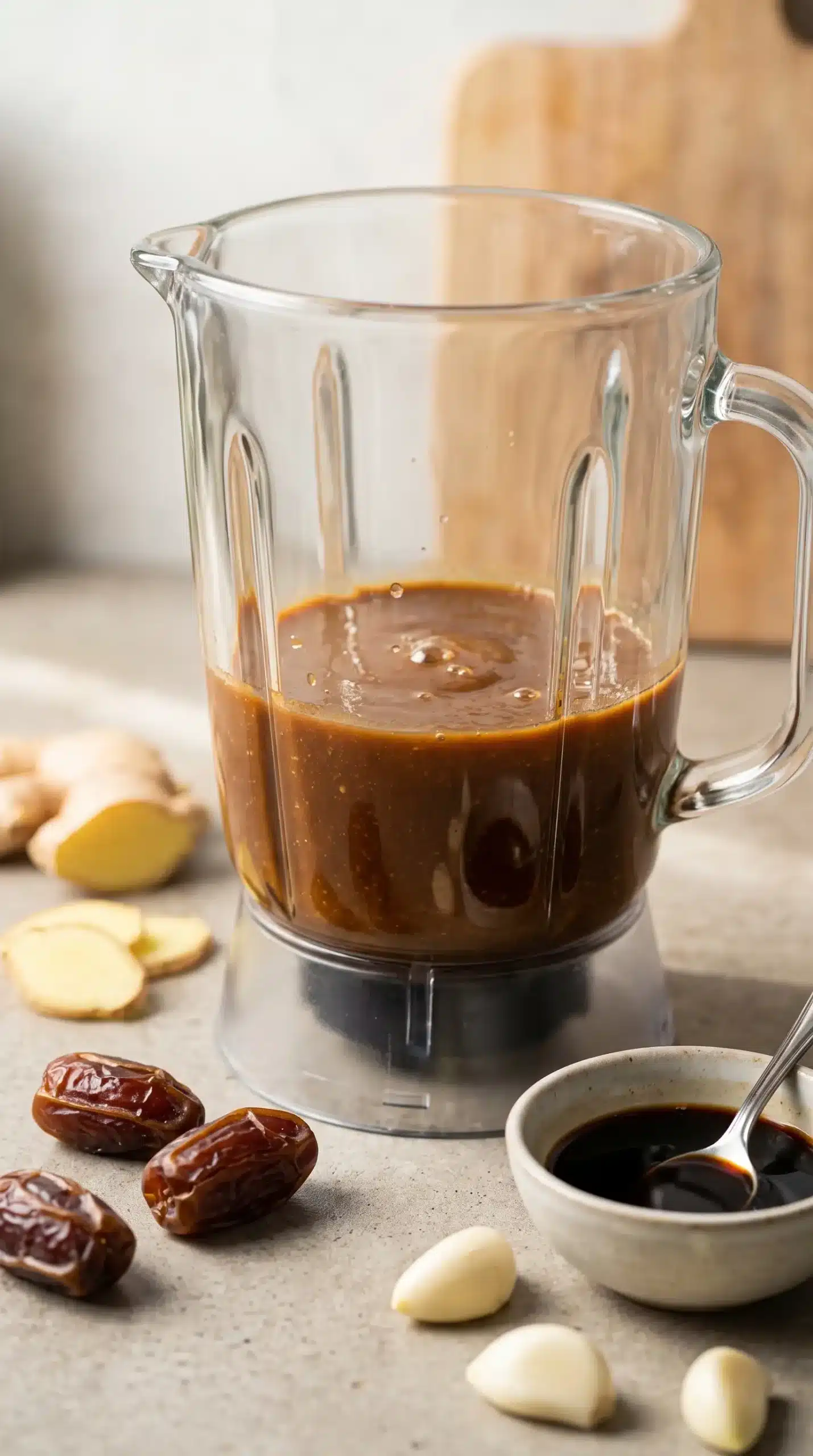 Blended date teriyaki sauce in a glass blender with dates, garlic, ginger, and soy sauce