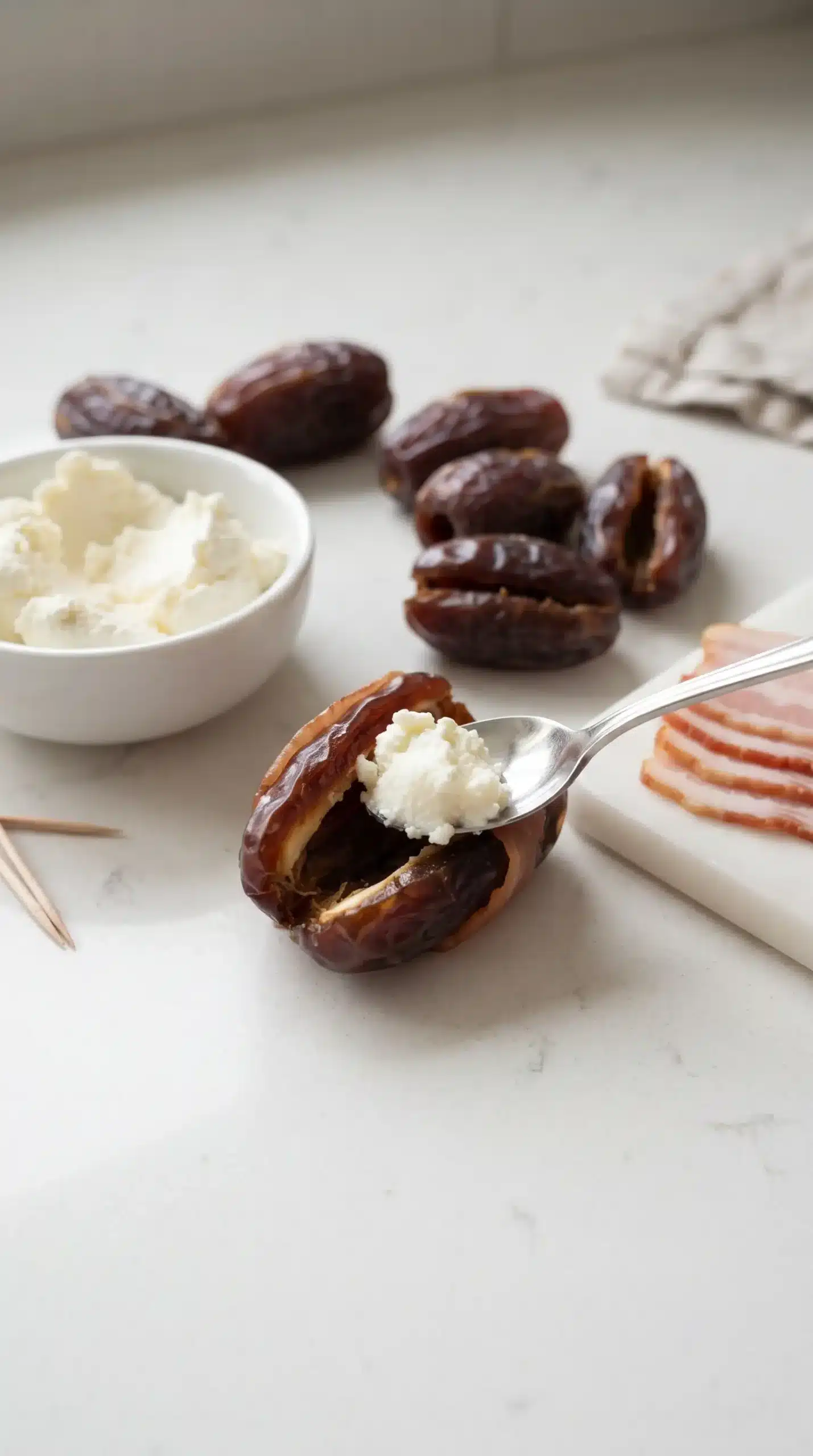 Opened Medjool dates with goat cheese filling prepared for stuffing