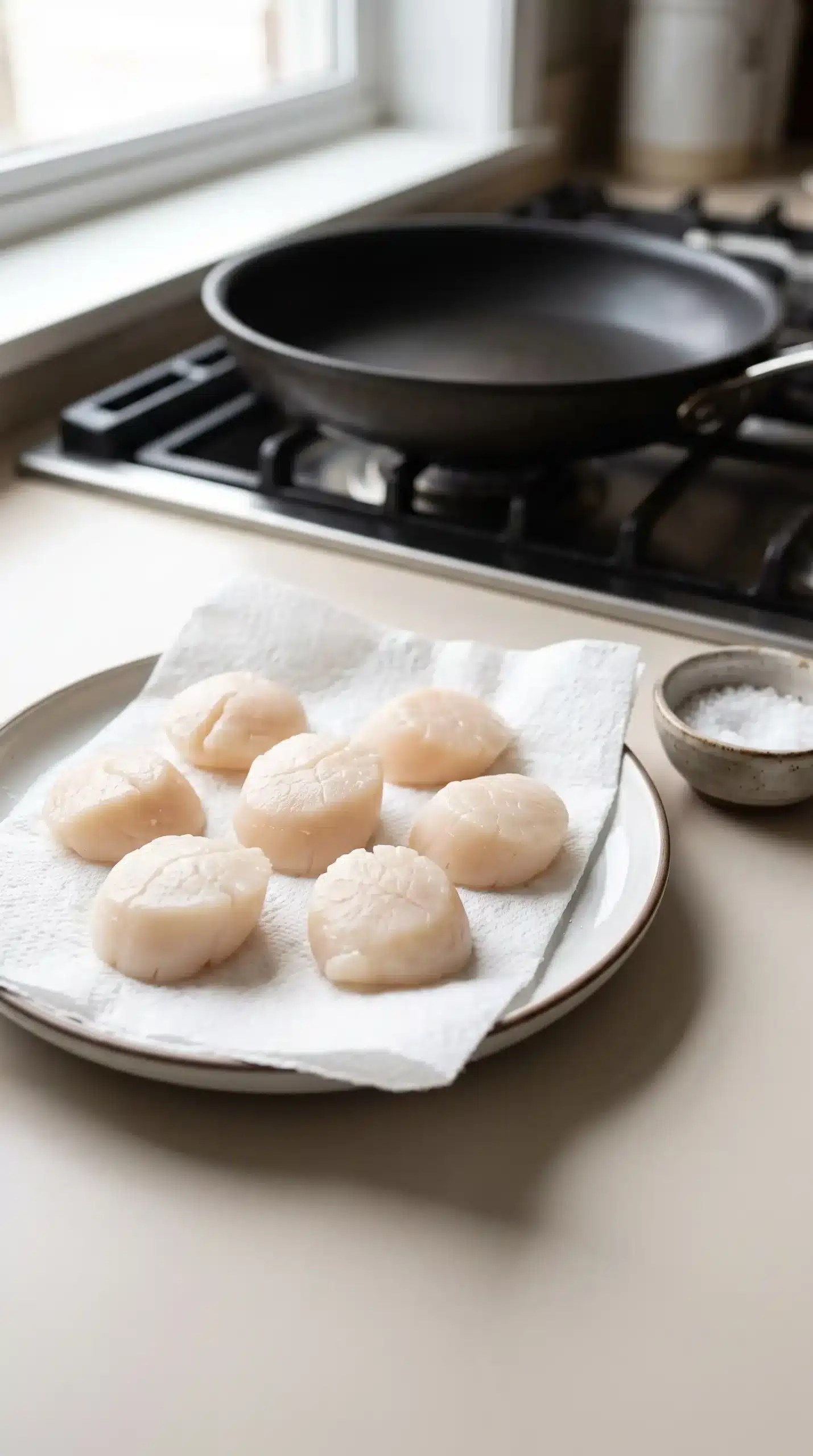 Raw jumbo scallops dried on a paper towel before searing