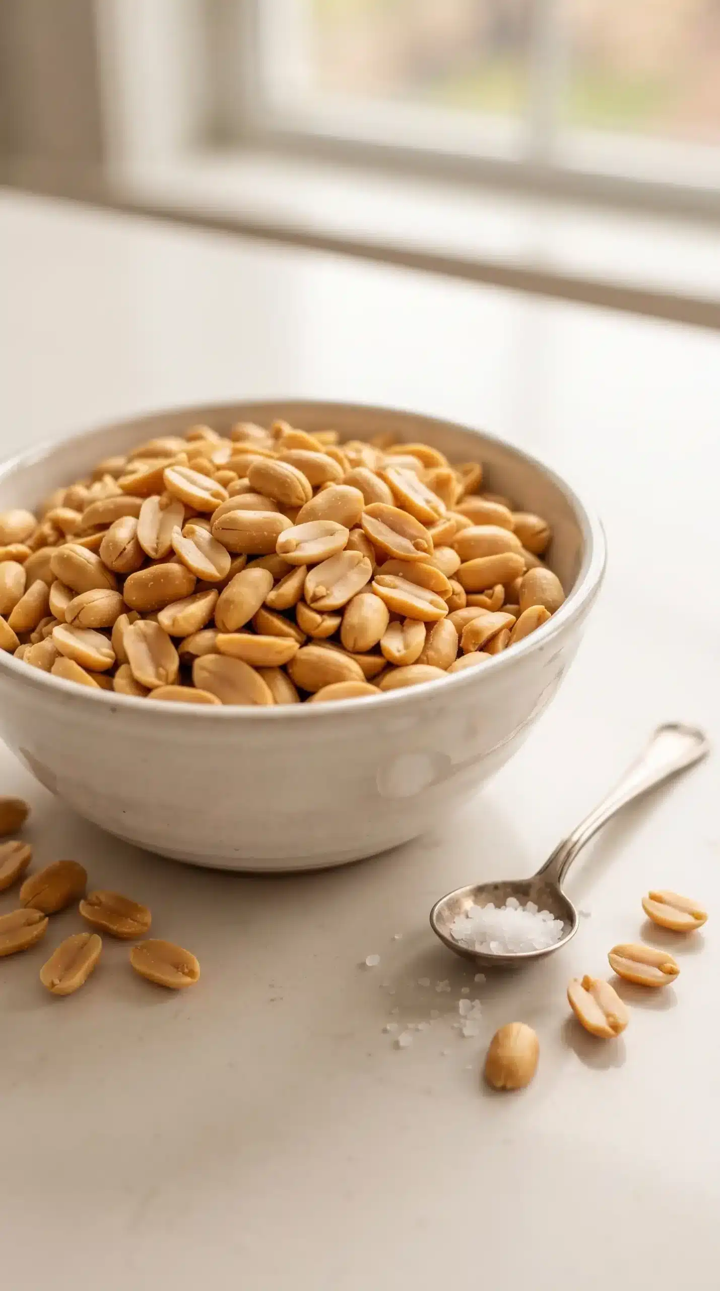 Dry roasted peanuts in a bowl prepared as the base for homemade peanut butter