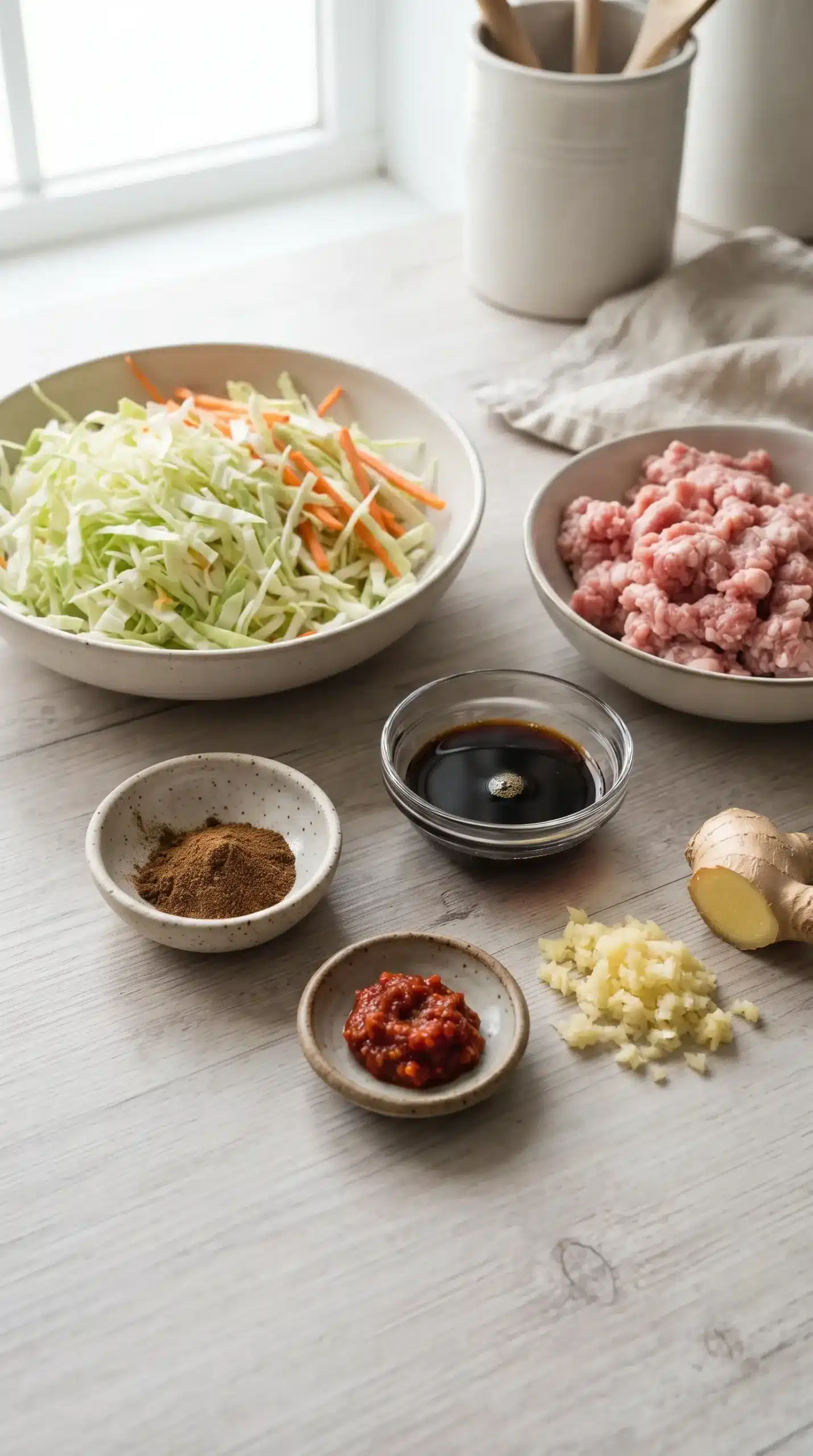 Ground pork, cabbage, carrots, ginger, garlic, soy sauce, chili paste, and Chinese five-spice.