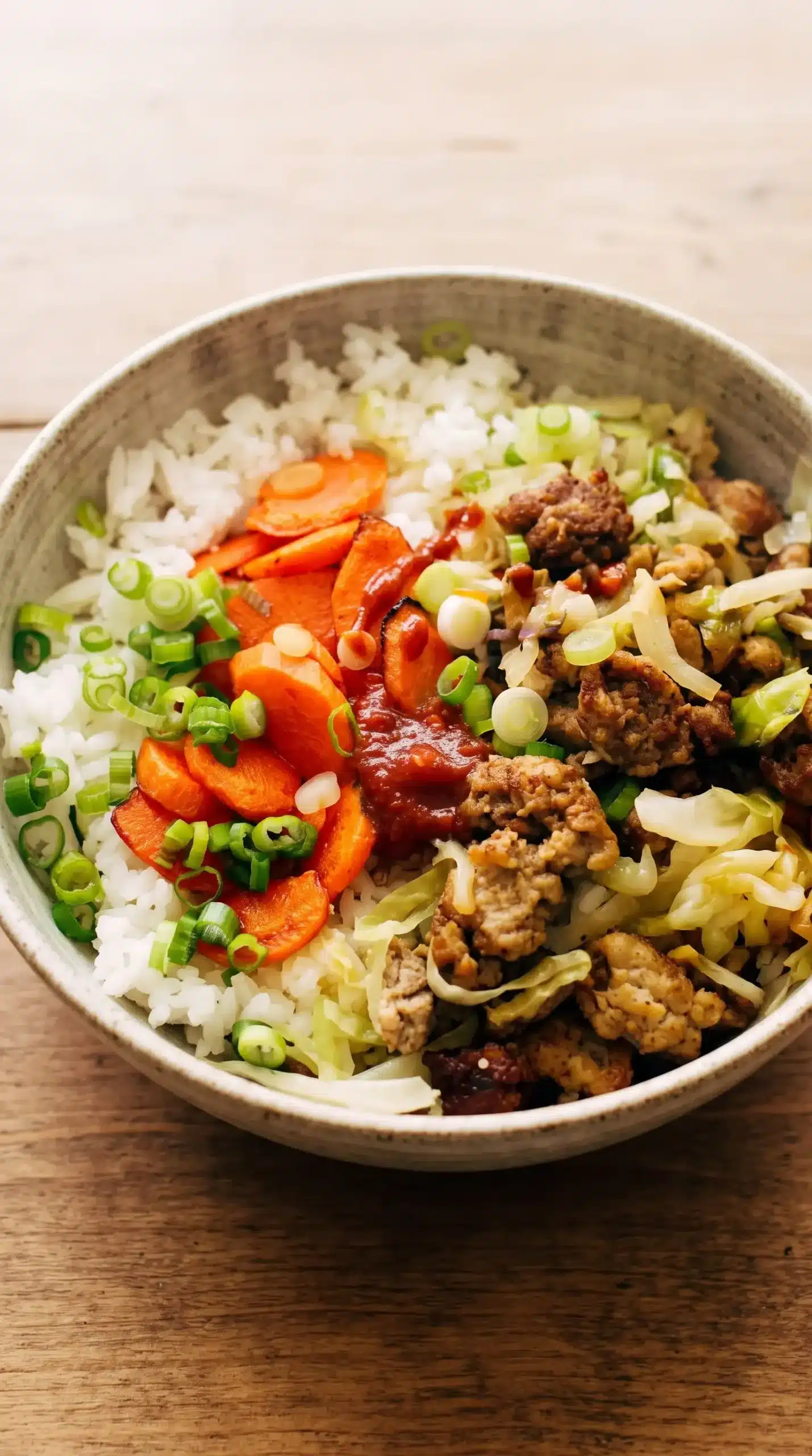 Egg roll in a bowl with seasoned pork, cabbage, carrots, white rice, green onions, and Sriracha.
