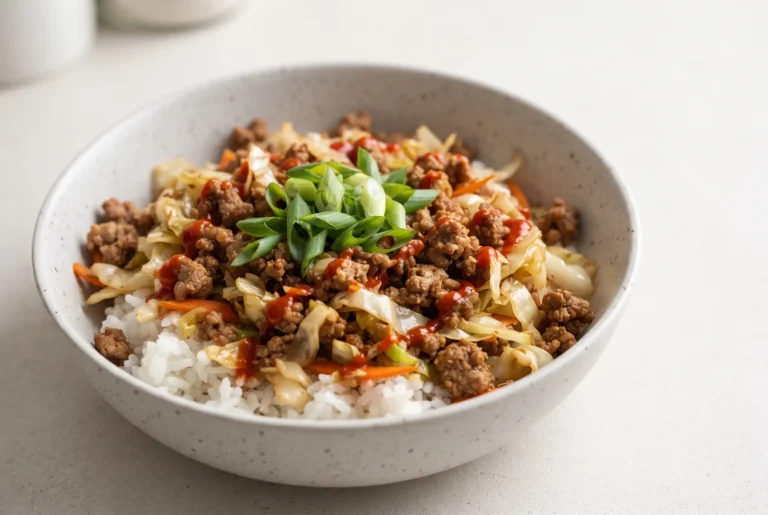 Egg roll in a bowl with ground pork, cabbage, carrots, white rice, green onions, and Sriracha.