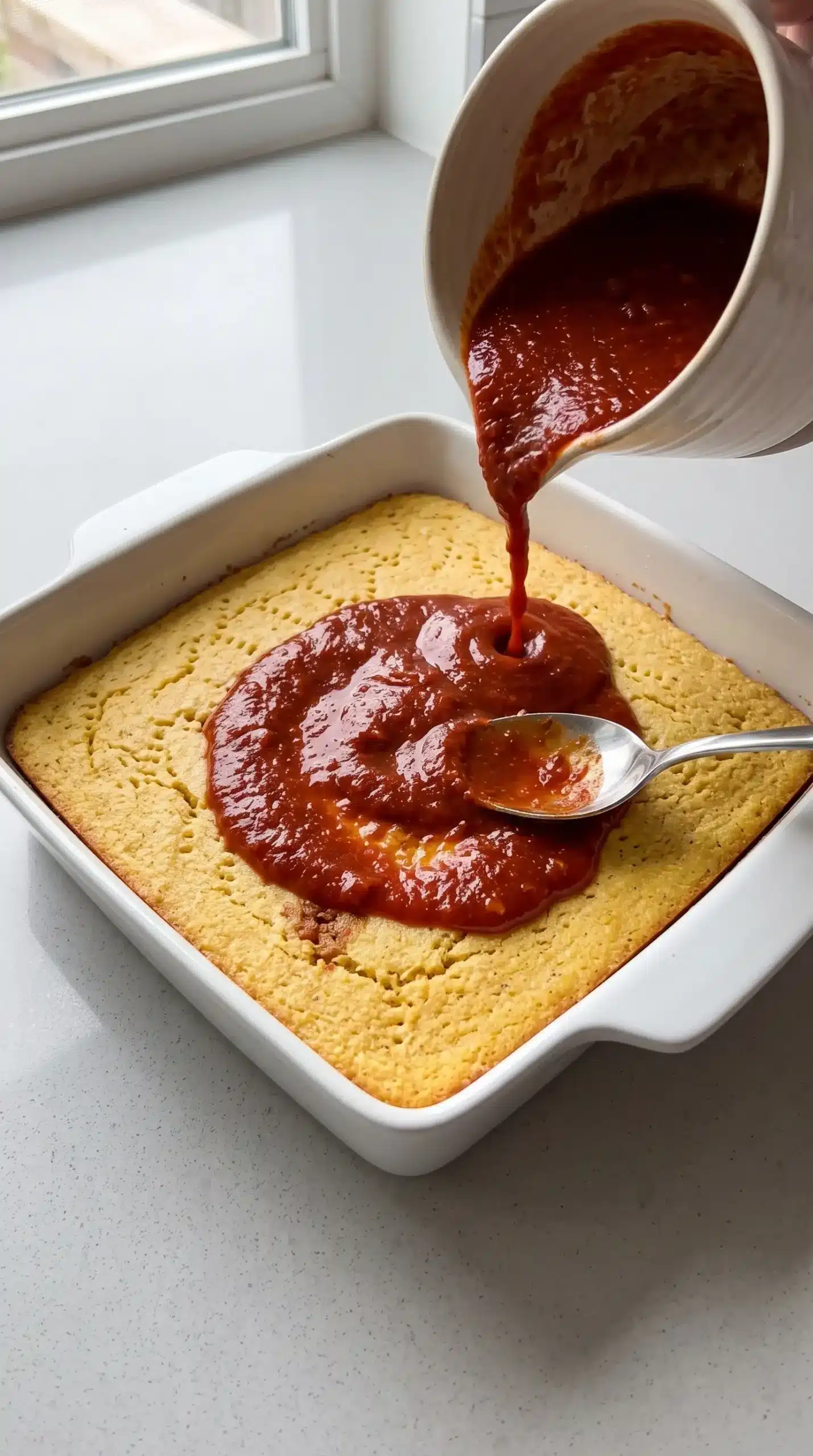Enchilada sauce spread over baked cornmeal crust in a tamale pie dish