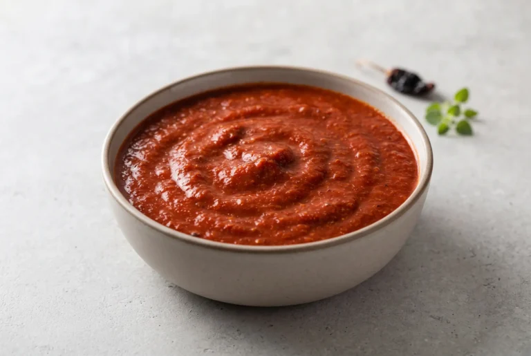 Bowl of homemade enchilada sauce with a smooth red tomato, garlic, and jalapeno blend
