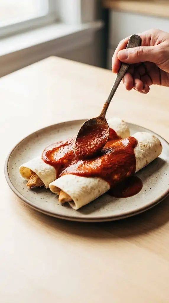 Enchiladas topped with homemade enchilada sauce on a simple plate