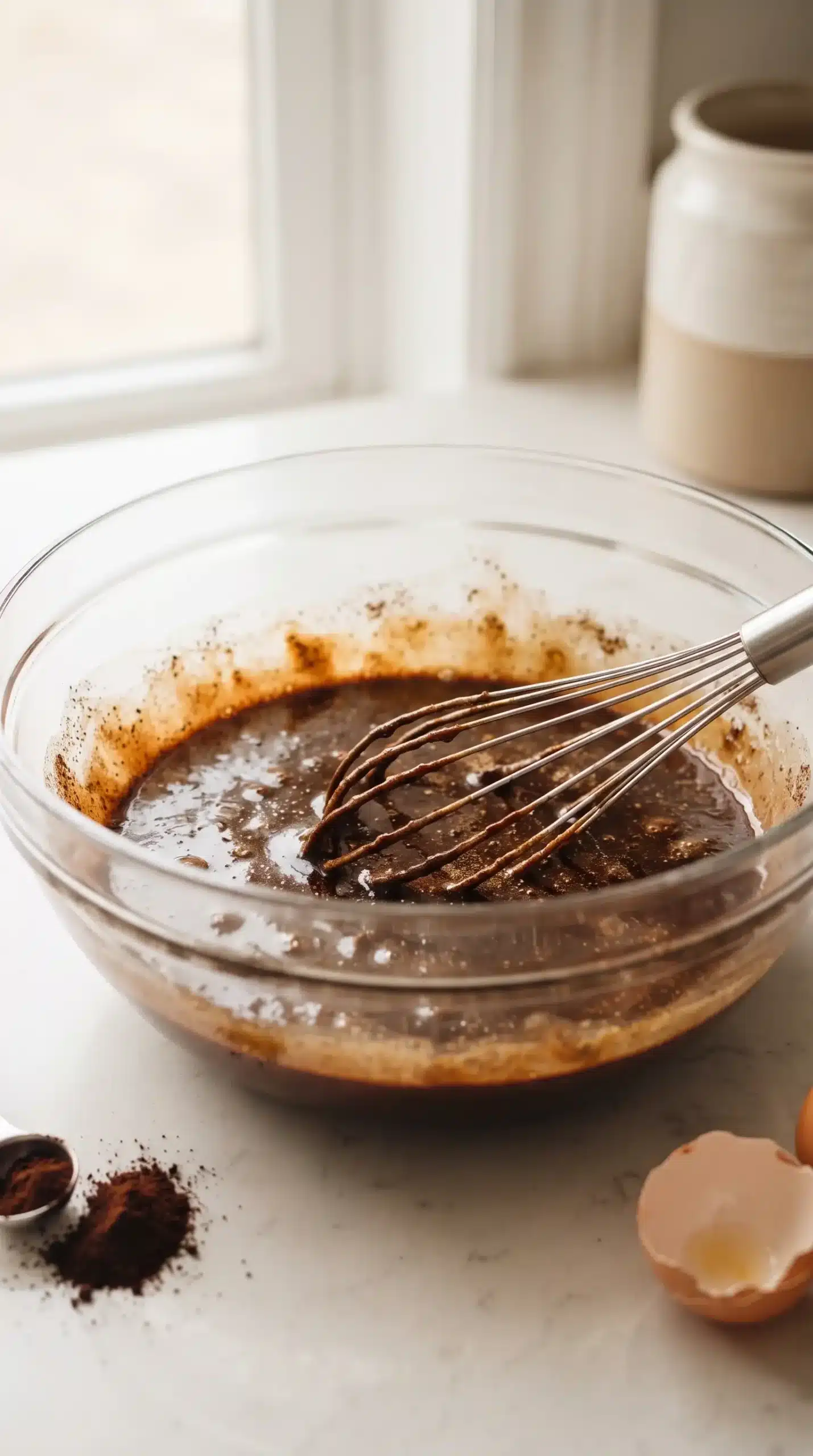 Espresso brownie batter with butter, sugar, espresso powder, eggs, and a whisk in a bowl