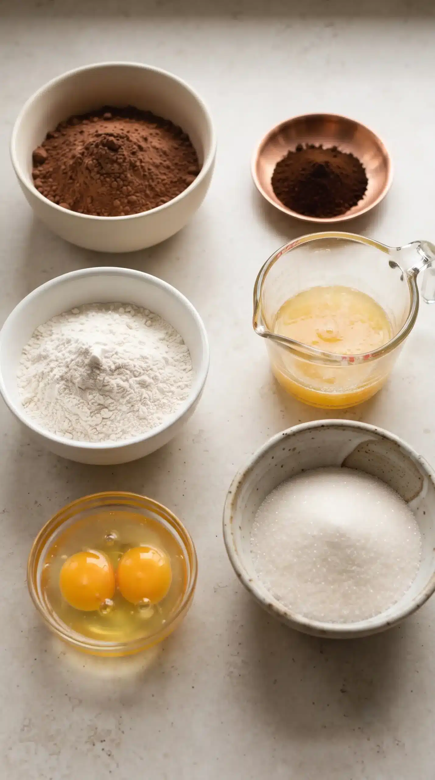 Ingredients for espresso brownies including cocoa powder, espresso powder, butter, sugar, eggs, and flour