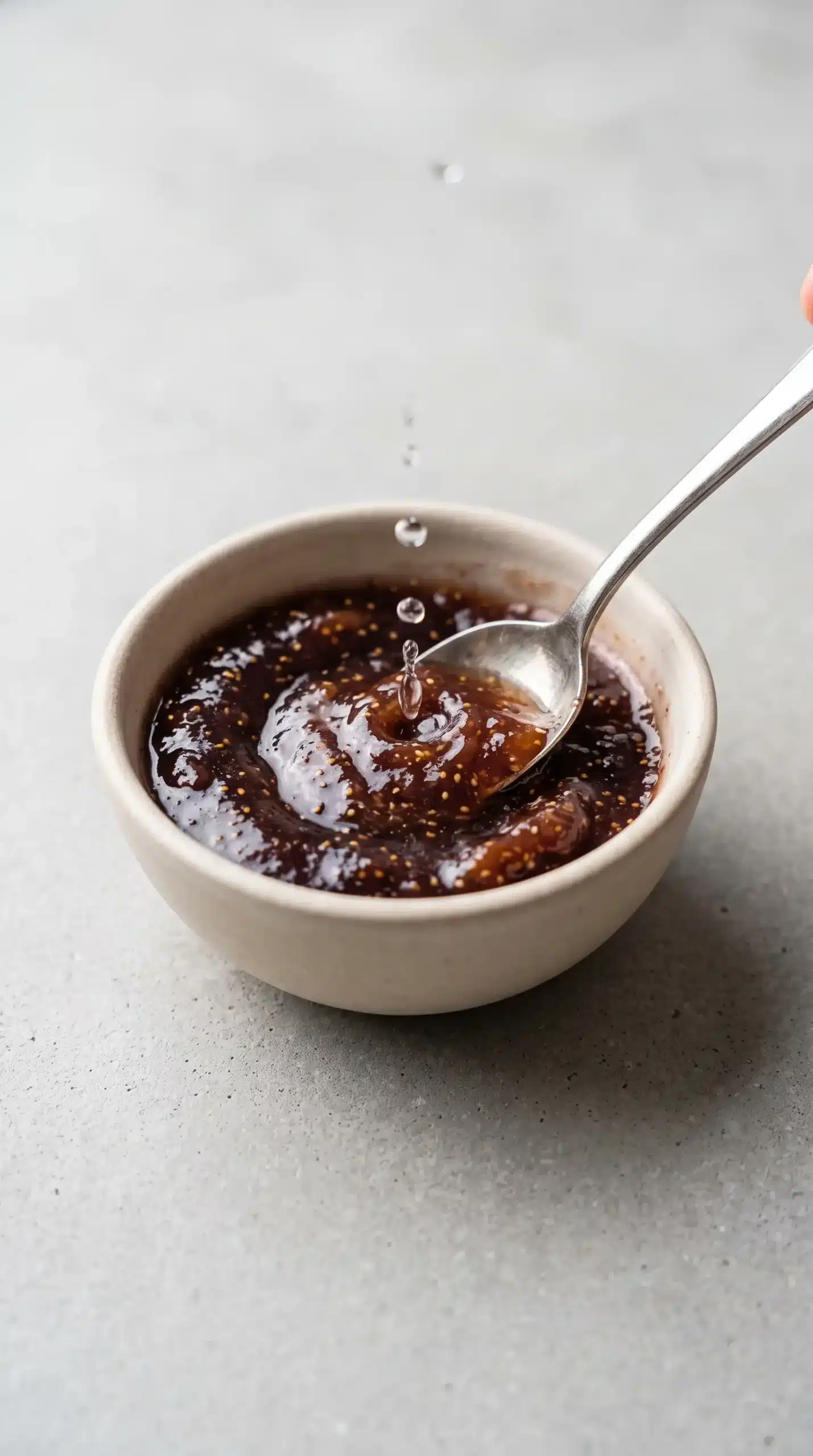 Fig preserves mixed with water to create a drizzle for oatmeal topping