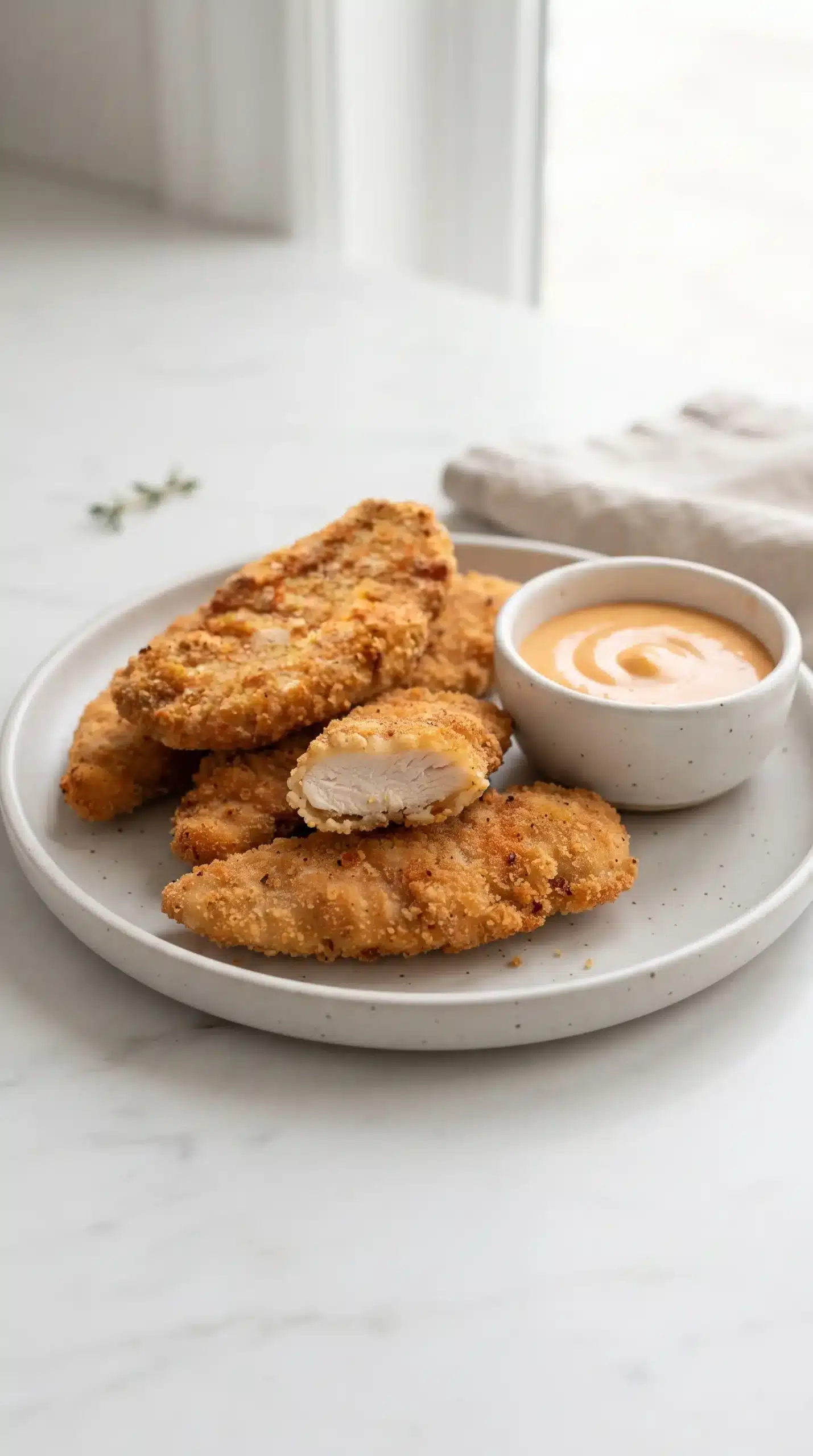Finished air fryer chicken tenders with crisp breadcrumb coating and dipping sauce