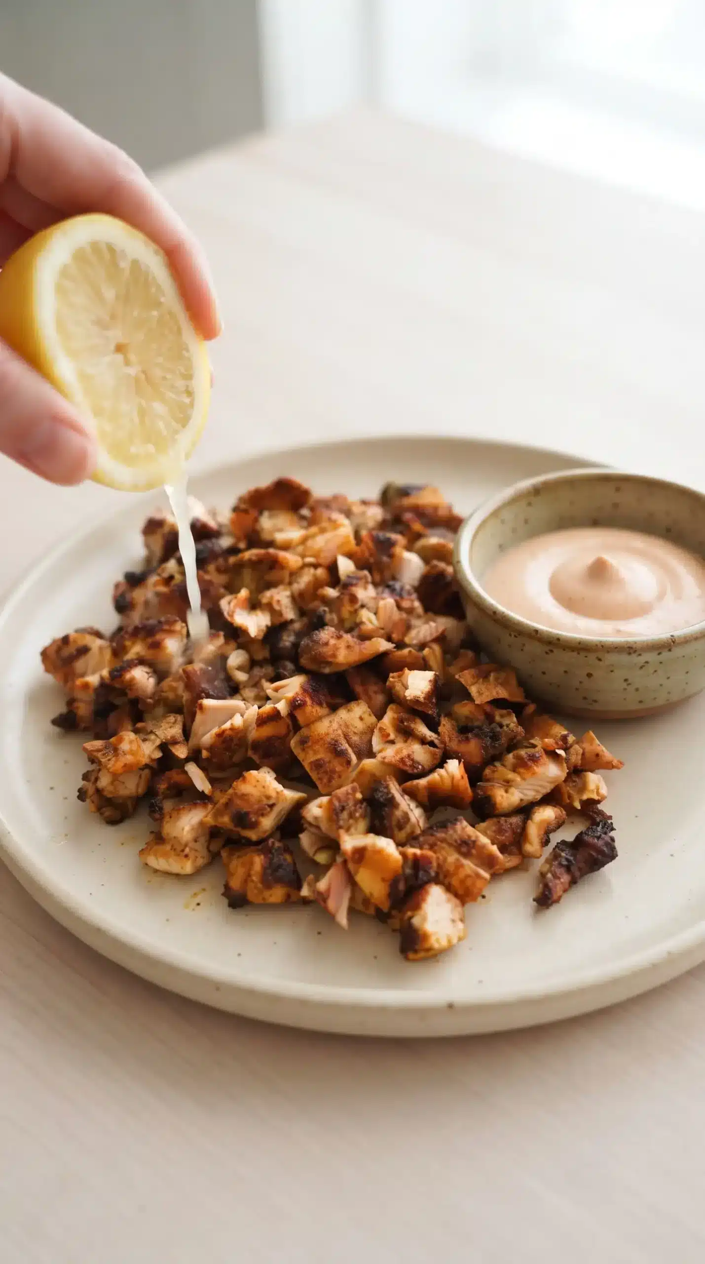 Sliced air fryer chicken thighs with lemon and paprika aioli