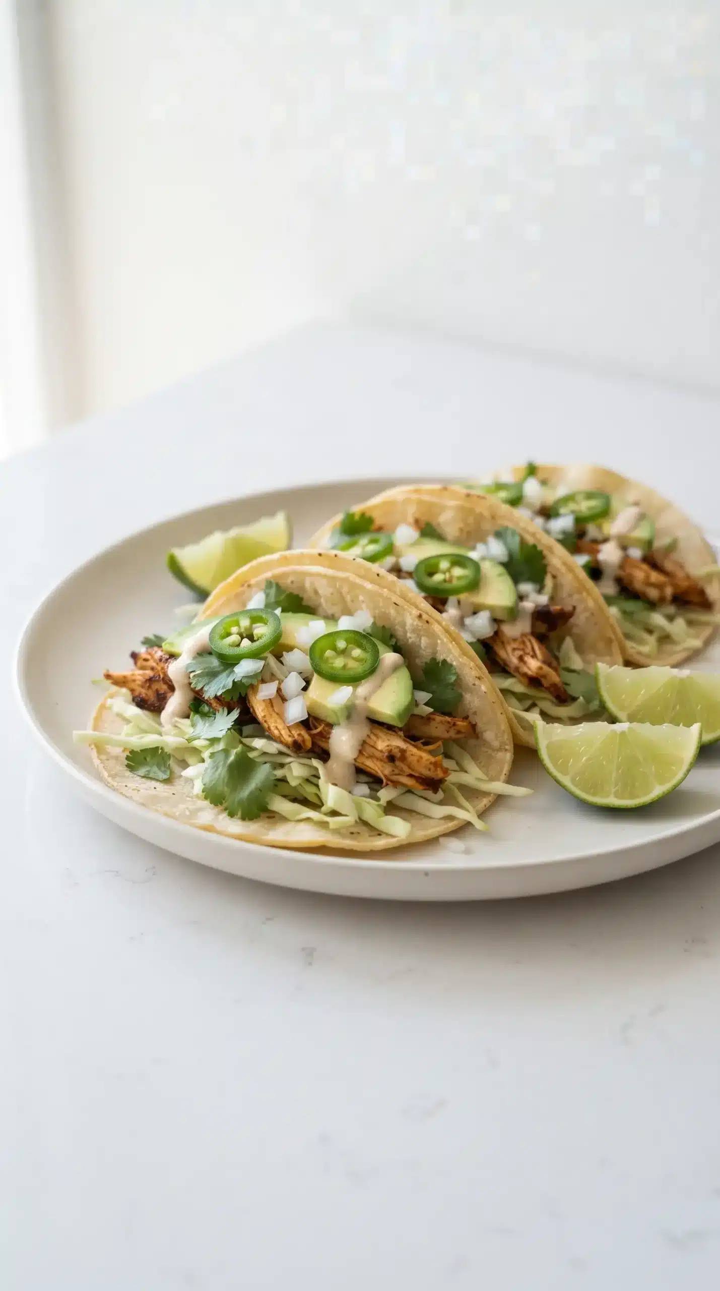 Ancho chicken tacos filled with seasoned chicken, cabbage, cilantro, avocado, and lime