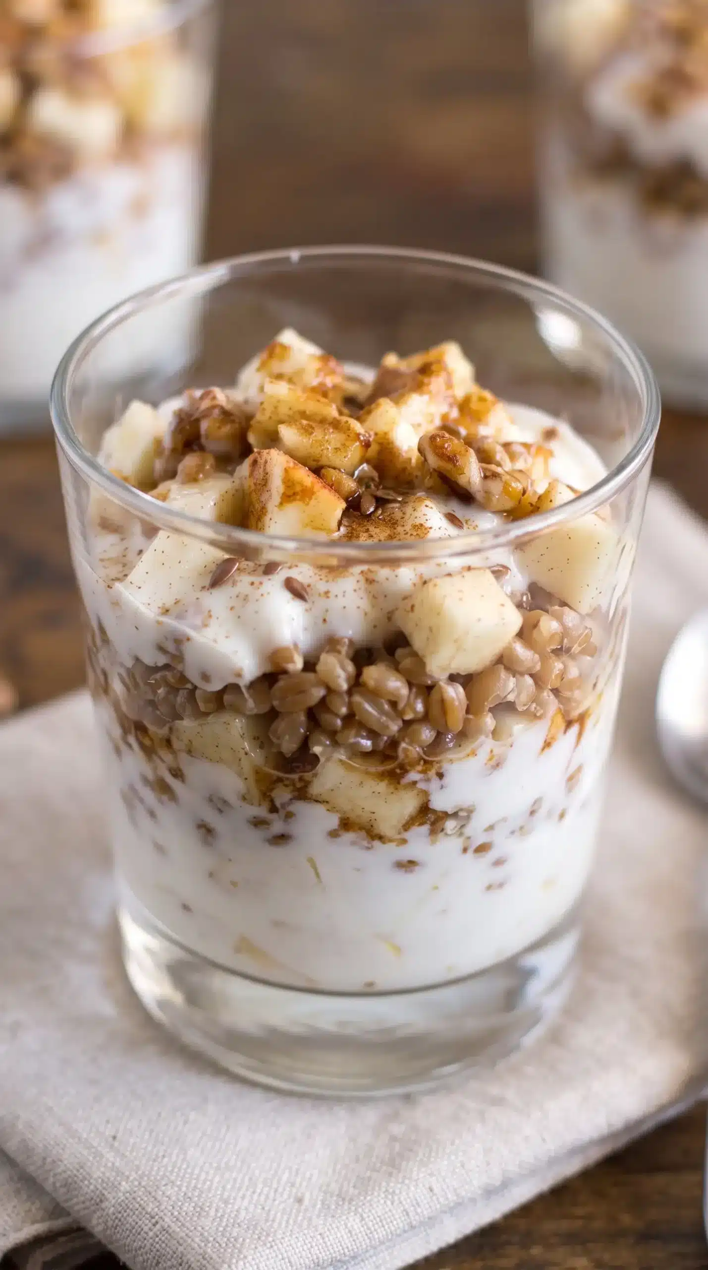Finished brown sugar apple parfait with wheat berries, yogurt, apples, walnuts, and flax seeds