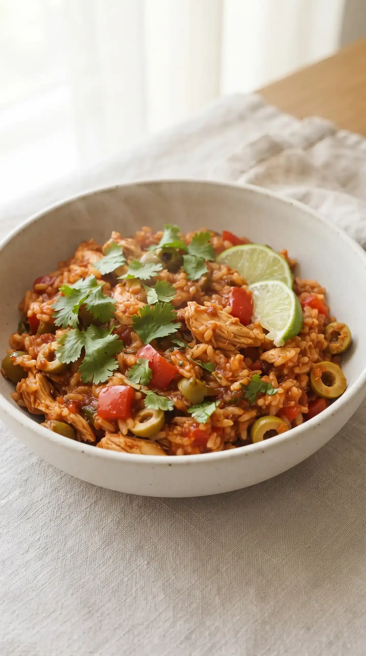 Finished arroz con pollo with tender rice, chicken, olives, peppers, cilantro, and lime
