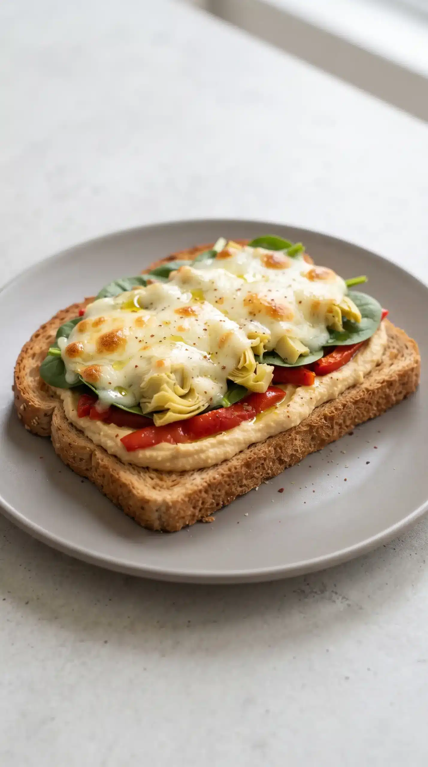 Finished open-faced artichoke and red pepper melt with hummus and melted mozzarella