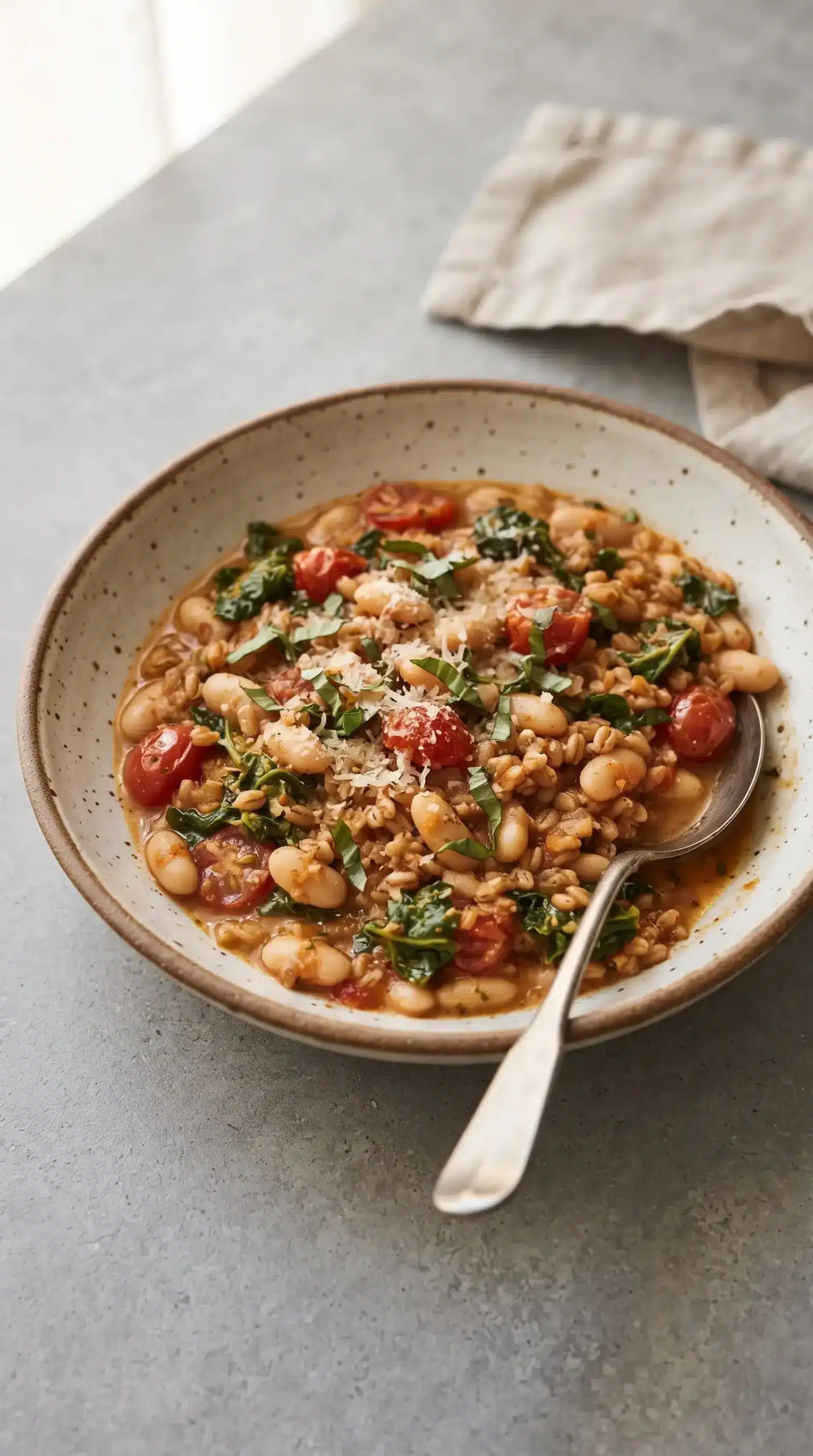 Asiago white beans bowl with farro, kale, tomatoes, and cheese