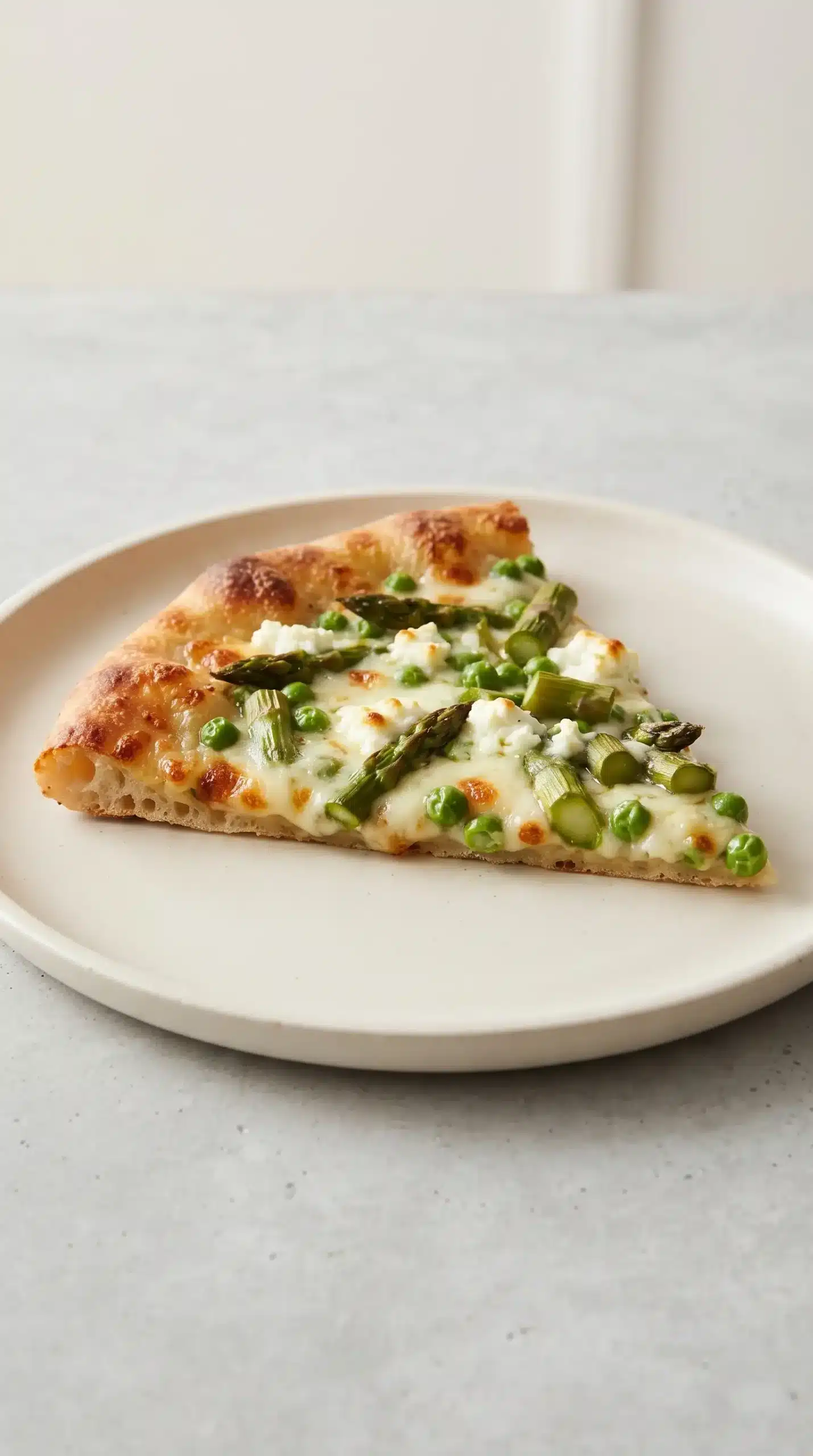 Finished asparagus pea pizza with melted provolone, goat cheese, peas, and asparagus
