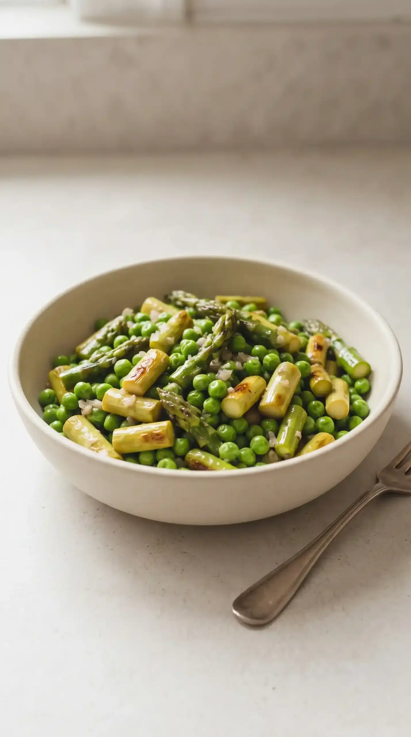Finished asparagus pea saute with butter, peas, and honey glaze served in a bowl