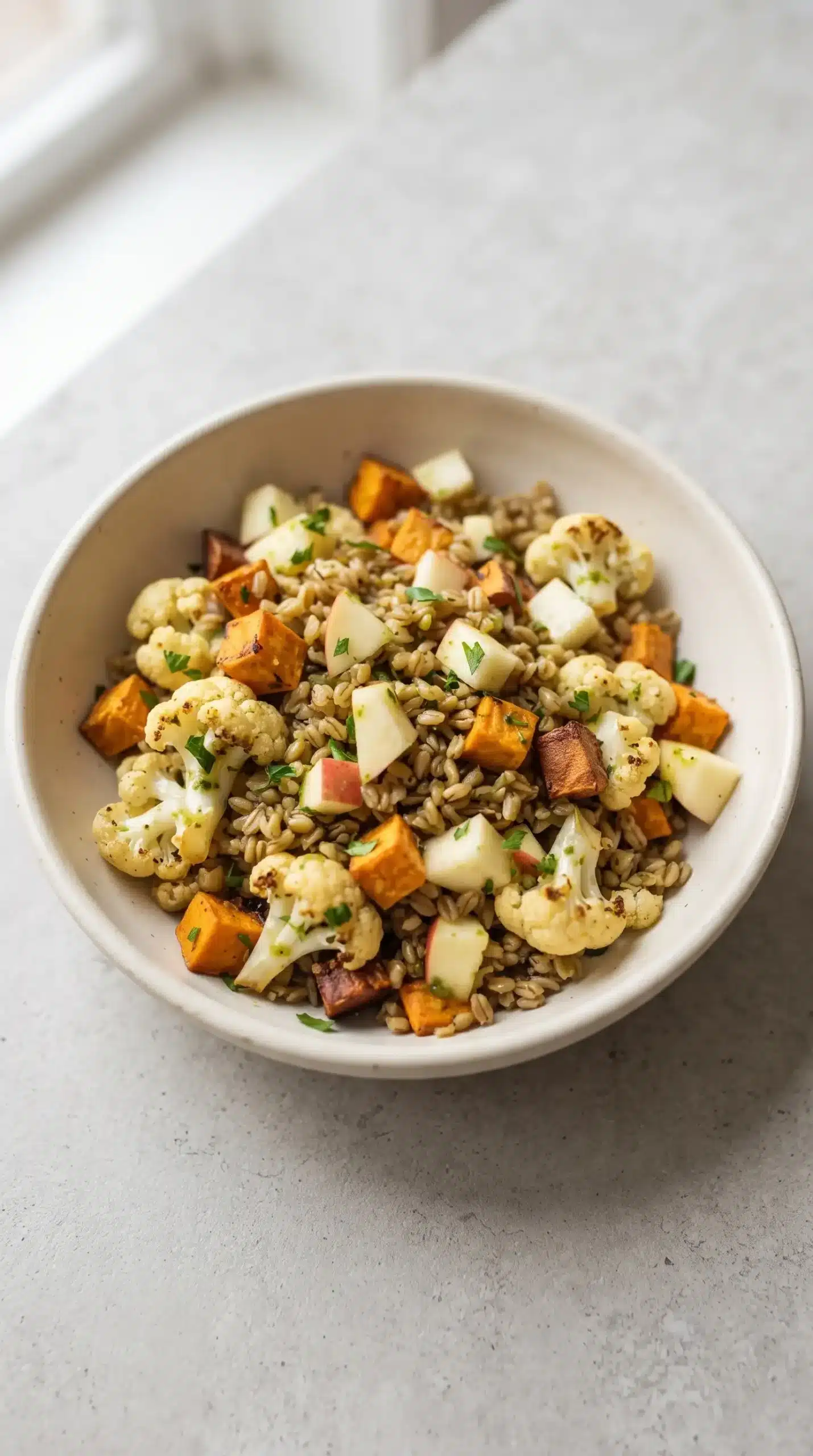 Finished autumn glow salad with freekeh, roasted vegetables, apple, parsley, and lemon dressing