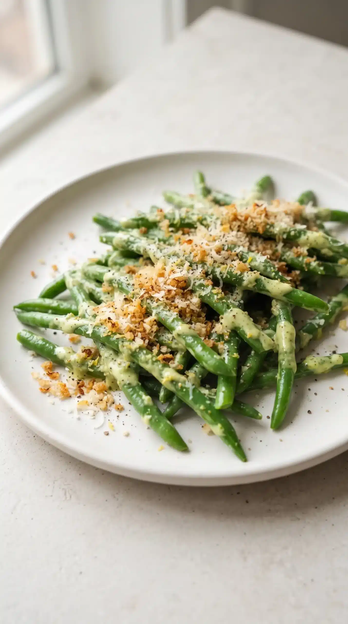 Finished green beans topped with avocado Caesar dressing, panko crispies, and Parmesan